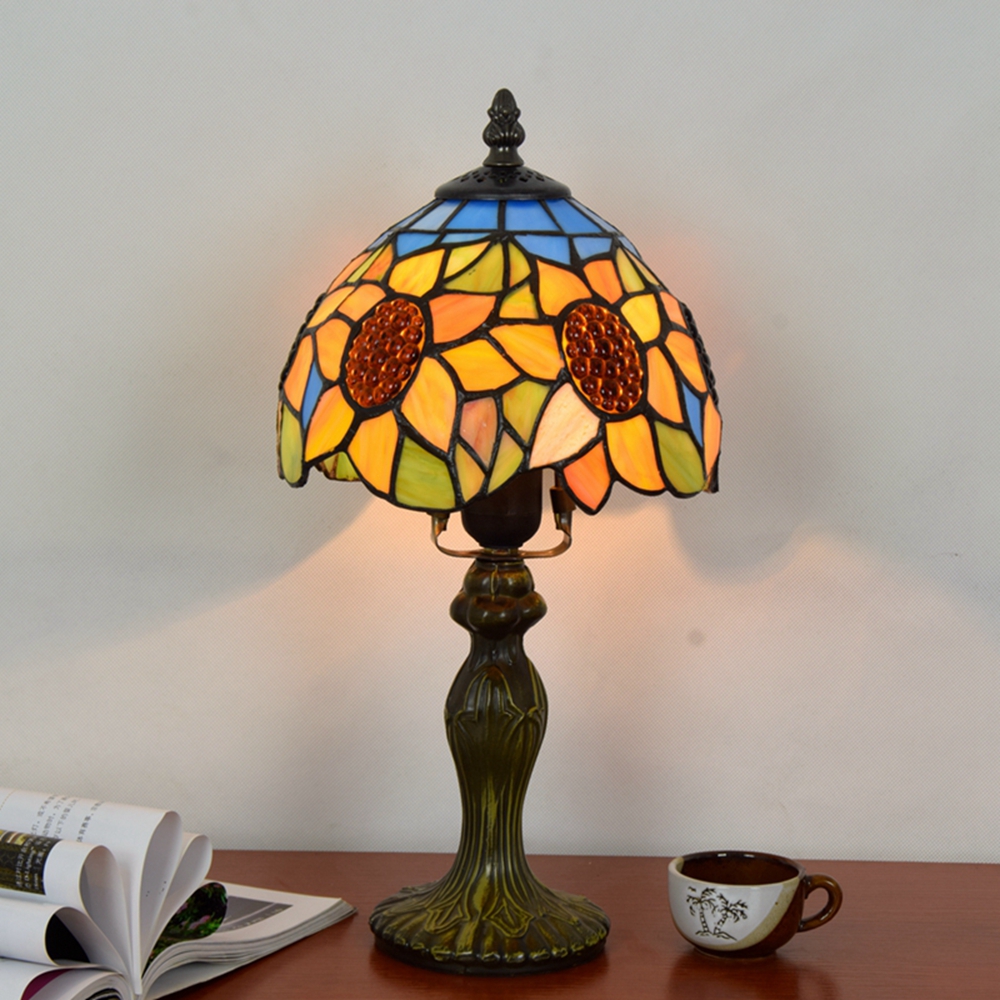 Blivuself Tiffany  Style European And American Style Stained Glass Lamp 8 Inch Blue Sunflower Lamp Suitable For Bedroom Nightstand Study Reading Desk Lamp Kitchen Dormitory Office Cafe Corridor Library Bar Decoration Furniture Decoration Retro Unique Lovely Comfortable Living 8 Inch Board Pearl Blue Sunflower Lamp OFT10014
