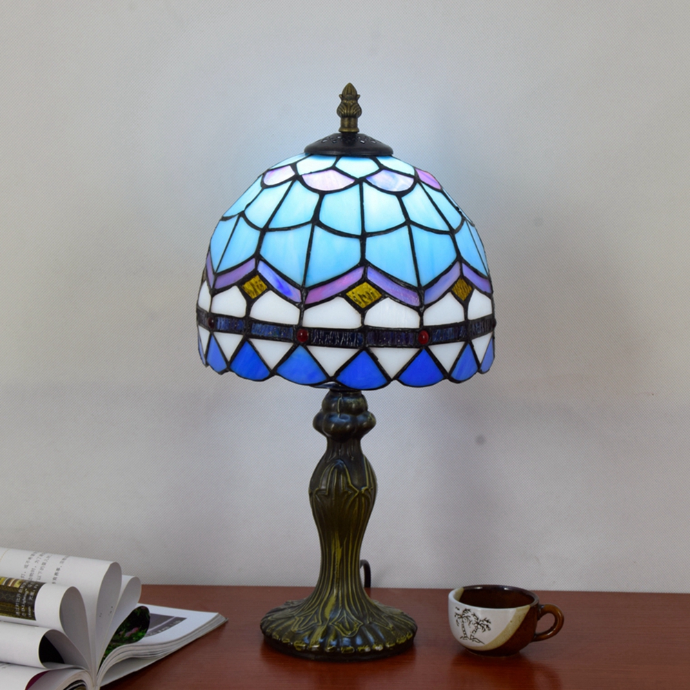 Blivuself Tiffany  Style European And American Style Stained Glass Lamp 8 Inches Blue Mediterranean Romantic Feather Lamp Suitable For Bedroom Nightstand Study Reading Table Lamp Kitchen Dormitory Office Cafe Corridor Library Bar Decoration Furniture Retro Unique Lovely Comfortable Living 8 Inches Mediterranean Feather Lamp OFT10012