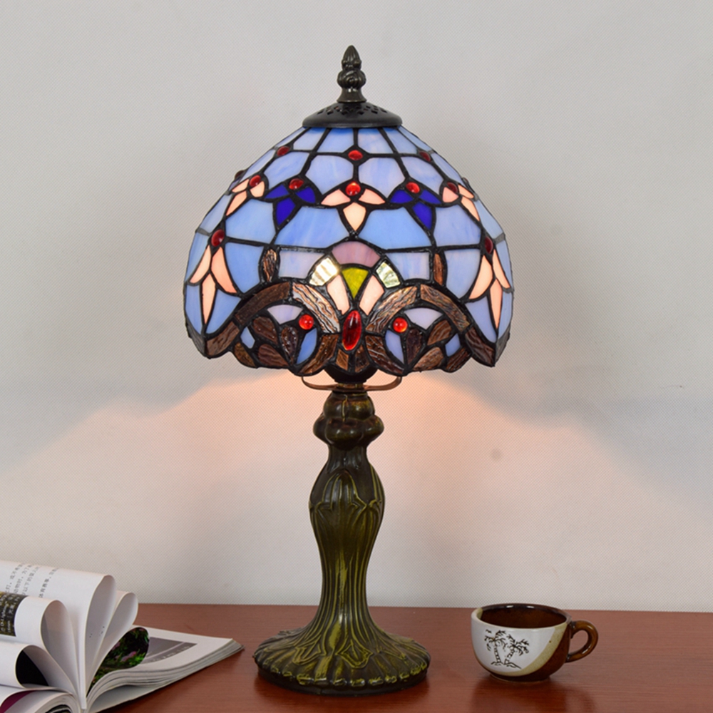 Blivuself Tiffany  Style European And American Style Stained Glass Lamp 8 Inch Lavender Blue Baroque Lamp Suitable For Bedroom Nightstand Study Reading Table Lamp Kitchen Dormitory Office Cafe Corridor Library Bar Decoration Furniture Retro Unique Lovely Comfortable Living 8 Inch Blue Baroque Lamp OFT10017