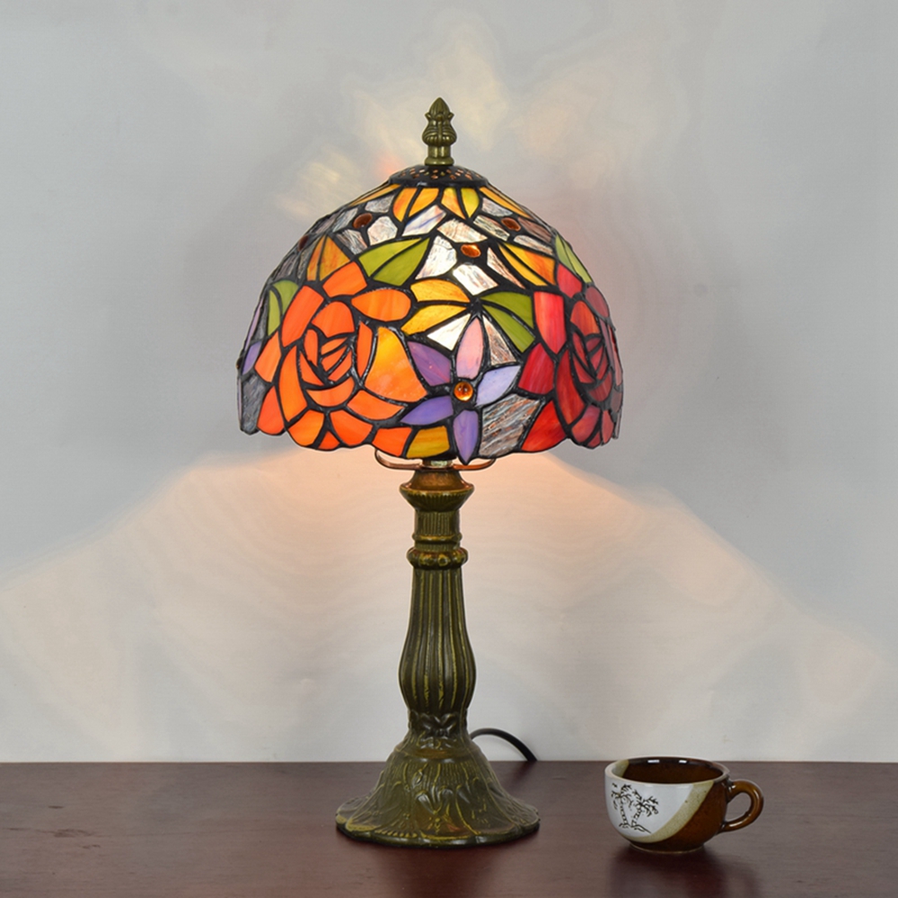 Blivuself Tiffany  Style European And American Style Stained Glass Table Lamp 8 Inch Red Rose Table Lamp For Bedroom Nightstand Study Reading Table Lamp Kitchen Dormitory Office Cafe Corridor Library Bar Decoration Furniture Decoration Retro Unique Lovely Comfortable Life 8 Inch Bright Rose Table Lamp OFT10019
