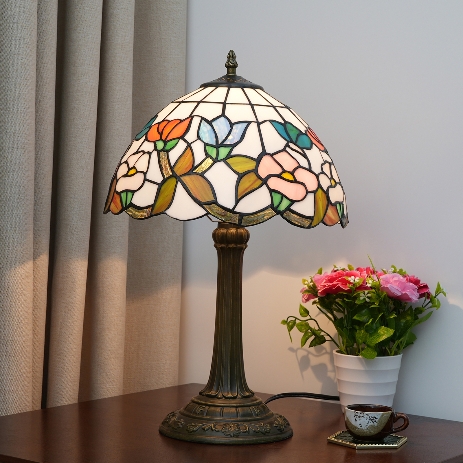Blivuself Tiffany Style Stained Glass Lamp Shade Europe And The United States Retro Style White Desk Lamp Morning Glory 12 Inch Desk Lamp Eye Protection Lamp Is Suitable For Decorating Living Room, Study, Bedroom Nightstand, Desk Lamp, Decorative Retro Glass Lamp Shade, Desk, Retro Glass Desk, Kitchen Furniture Decoration Morning Glory Lamp OFT998