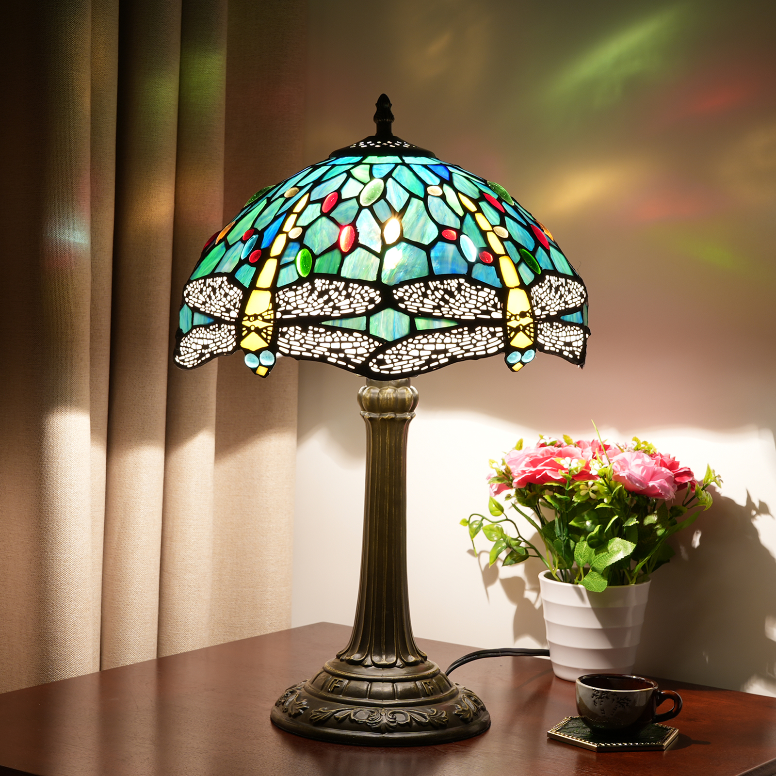 Blivuself Tiffany  Style Stained Glass Lamp Shade European And American Style Retro Style Turquoise Blue Dragonfly 12 Inch Table Lamp Eye Protection Lamp Is Suitable For Decorating Living Room, Study, Bedroom Nightstand, Table Lamp, Decorative Retro Glass Lamp Shade, Desk, Retro Glass Desk, Kitchen Furniture Decoration 12 Inch Blue Dragonfly Lamp OFT1004