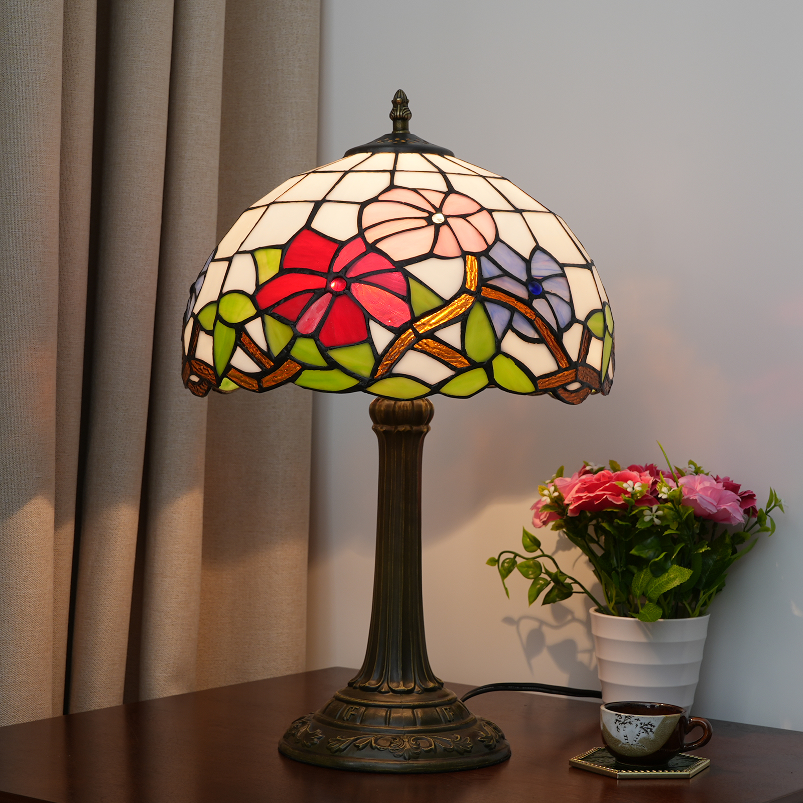 Blivuself Tiffany Style Stained Glass Lampshade European Style Retro Pink Purple Three-Color Morning Glory 12 Inch Desk Lamp Eye Protection Desk Lamp Is Suitable For Decorative Living Room, Study, Bedroom Nightstand, Desk Lamp, Decorative Retro Glass Lampshade, Desk, Retro Glass Desk, Kitchen Furniture Decorative Morning Glory Three-Color Flower Desk Lamp OFT1006
