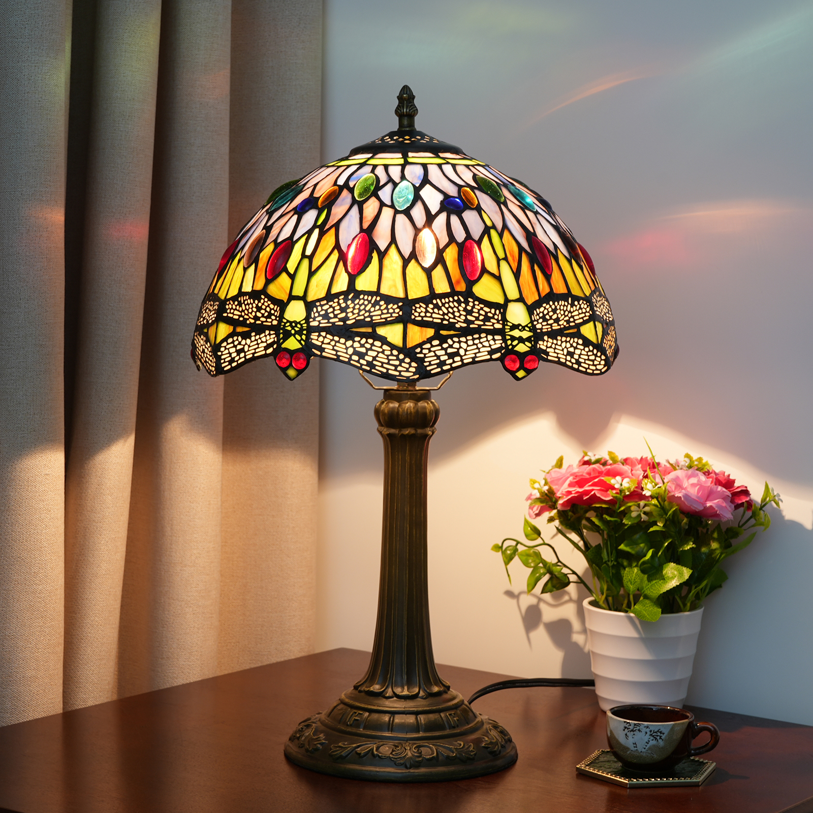 Blivuself Tiffany Style Stained Glass Lamp Shade European Vintage Dragonfly Style Blue And Green Beaded Dragonfly 12 Inch Table Lamp Eye Protection Lamp Is Suitable For Decorating Living Room, Study, Bedroom Nightstand, Table Lamp, Decorated Vintage Glass Lamp Shade, Desk, Vintage Glass Desk, Kitchen Furniture Decoration 12 Inch Beaded Dragonfly Lamp OFT1016