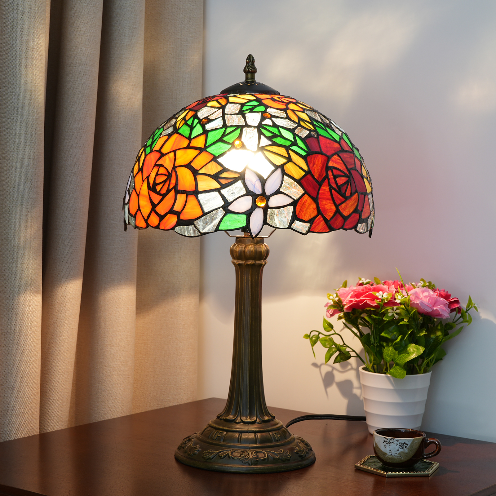 Blivuself Tiffany Style Stained glass lamp shadeLampshade European Style Retro Style Red Rose Style 12 Inch Desk Lamp Eye Protection Lamp Is Suitable For Decorating Living Room, Study, Bedroom Nightstand, Table Lamp, Decorative Retro Glass Lampshade, Desk, Retro Glass Desk, Kitchen Furniture Decoration 12 Inch Beautiful Rose Desk Lamp OFT1018