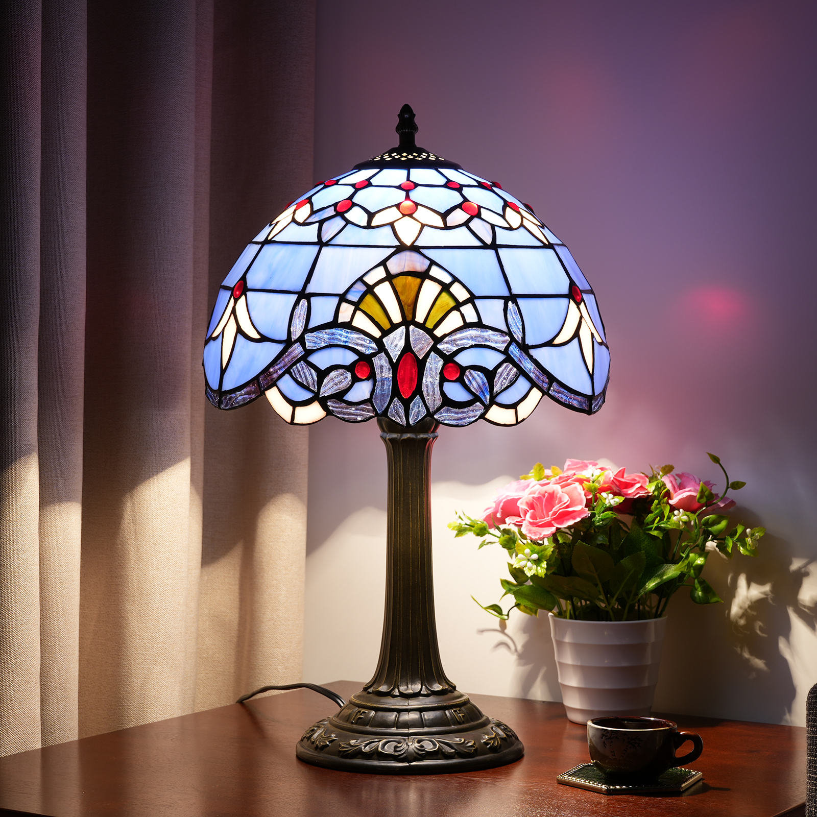 Blivuself  Tiffany Style Stained Glass Lamp Shade European Style Retro Style Simple Victorian Style Blue Lavender Baroque 12-Inch Desk Lamp Eye Protection Desk Lamp Is Suitable For Decorating Living Room, Study, Bedroom Nightstand, Desk Lamp, Decorative Retro Glass Lamp Shade, Desk, Retro Glass Desk, Kitchen Furniture Decoration 12-Inch Blue Baroque Lamp OFT1022