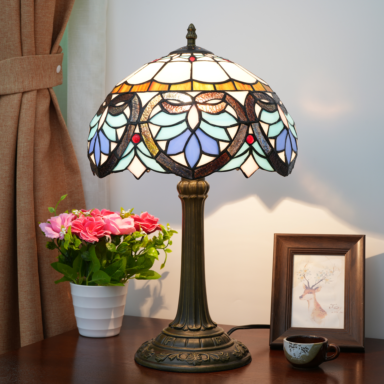 Blivuself Tiffany Style Colored Glass Lampshade European Style Retro Style Simple Victorian Style Blue White Blue Love 12 Inch Desk Lamp Eye Protection Desk Lamp Is Suitable For Decorative Living Room, Study, Bedroom Nightstand, Desk Lamp, Decorative Retro Glass Lampshade, Desk, Retro Glass Desk, Kitchen Furniture Decoration 12 Inch Blue Love Lamp OFT1024