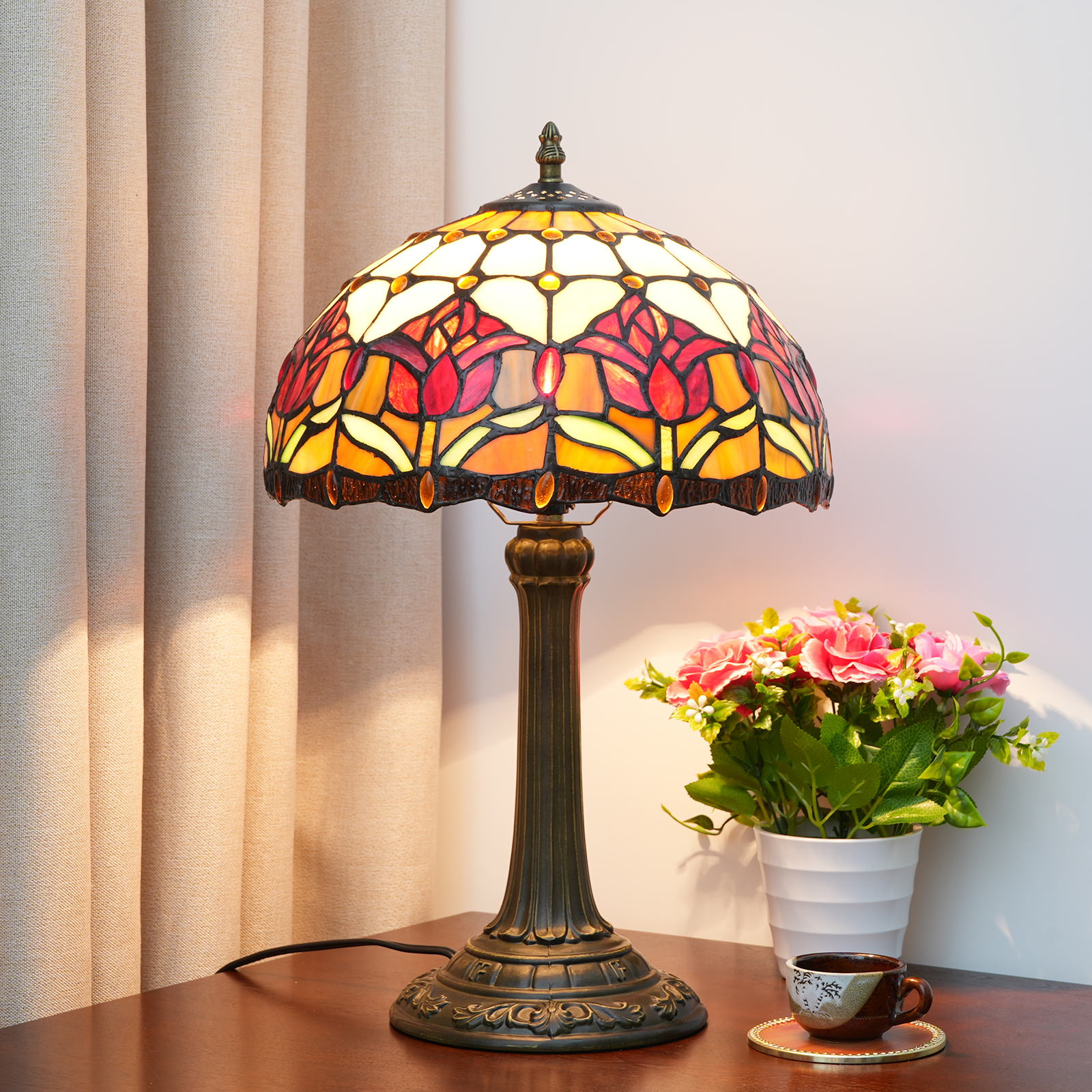 Blivuself Tiffany Style Stained Glass Lampshade European Warm And Comfortable Style Retro Style Simple Pastoral Style Red Tulip 12 Inch Desk Lamp Eye Protection Desk Lamp Is Suitable For Decorating Living Room, Study, Bedroom Nightstand, Desk Lamp, Decorative Retro Glass Lampshade, Desk, Retro Glass Desk, Kitchen Furniture Decoration 12 Inch Red Tulip Desk Lamp OFT1028