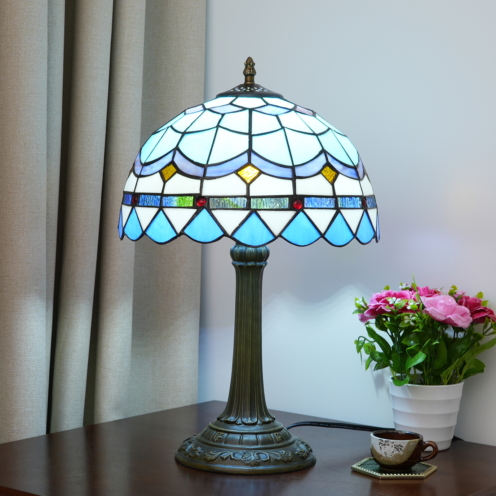 Blivuself Tiffany  Style Stained Glass Lamp Shade European Retro Warm And Comfortable Style Sky Blue Mediterranean Romantic Feather 12 Inch Desk Lamp Eye Protection Desk Lamp Is Suitable For Decorating Living Room, Study, Bedroom Nightstand, Desk Lamp, Decorative Retro Glass Lamp Shade, Desk, Retro Glass Desk, Kitchen Furniture Decoration 12 Inch Mediterranean Feather Lamp OFT1034