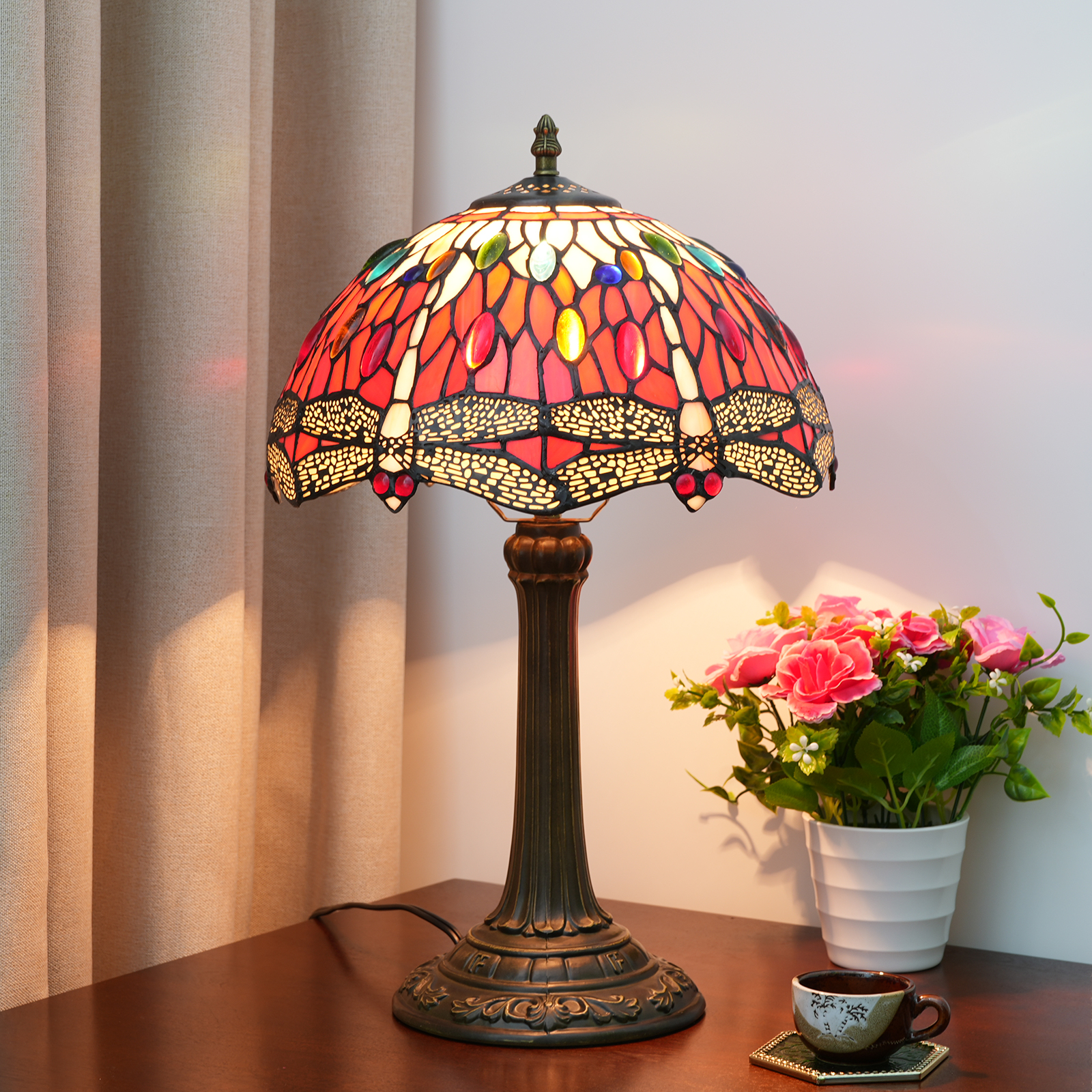 Blivuself Tiffany Style Stained Glass Lamp Shade European Comfort Style Retro Warm Style Dragonfly Style Red Dragonfly 12 Inch Table Lamp Eye Protection Table Lamp Suitable For Decorating Living Room, Study, Bedroom Nightstand, Table Lamp, Decorative Retro Glass Lamp Shade, Desk, Retro Glass Desk, Kitchen Furniture Decoration 12 Inch Red Bottom Dragonfly Lamp OFT1040