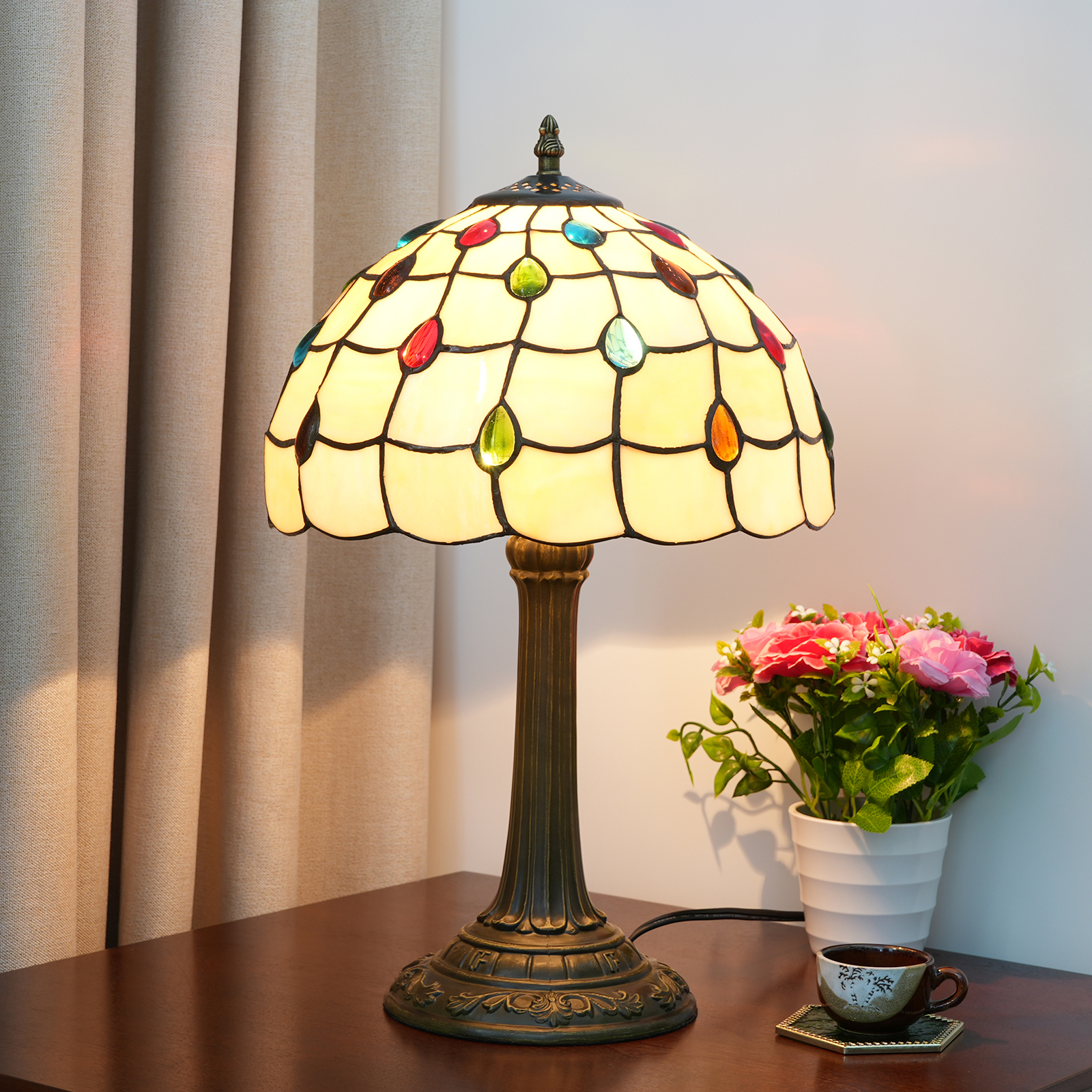 Blivuself Tiffany Style Stained Glass Lamp Shade European Vintage Warm Style Yellow Colored Beads 12 Inch Desk Lamp Eye Protection Desk Lamp Is Suitable For Decorating Living Room, Study, Bedroom Nightstand, Desk Lamp, Decorated Vintage Glass Lamp Shade, Desk, Vintage Glass Desk, Kitchen Furniture Decoration 12 Inch Colored Bead Lamp OFT1042