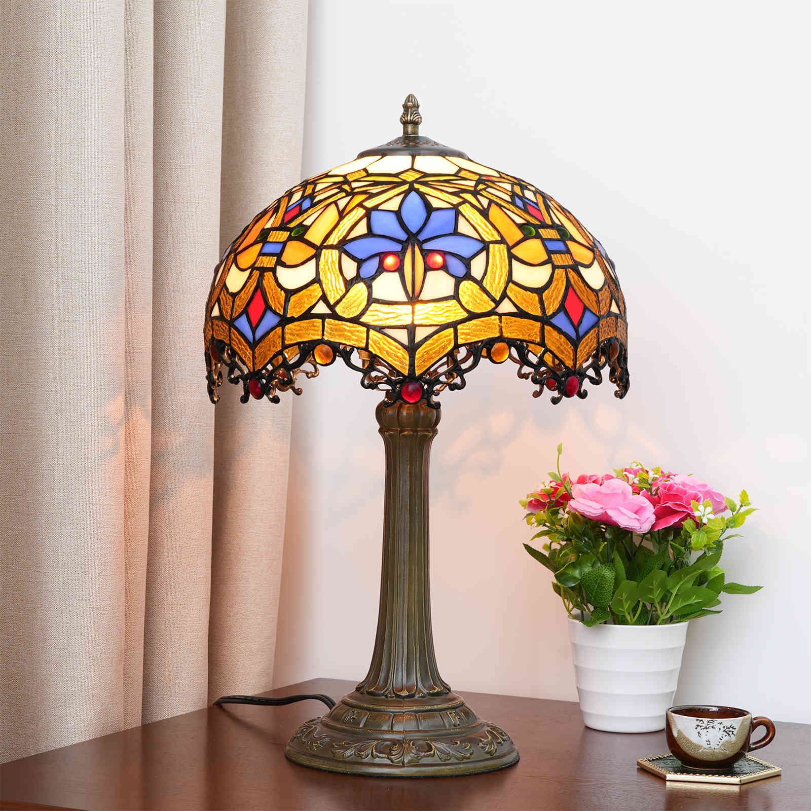 Blivuself Tiffany Style Stained Glass Lamp Shade European And American Retro Style Brown, Blue Love Beads 12 Inch Lamp Eye Protection Lamp Is Suitable For Decorating Living Room, Study, Bedroom Nightstand, Lamp, Decorative Retro Glass Lamp Shade, Desk, Retro Glass Desk, Kitchen Furniture Decoration 12 Inch Love Beads Dragon Tail Lamp OFT1058