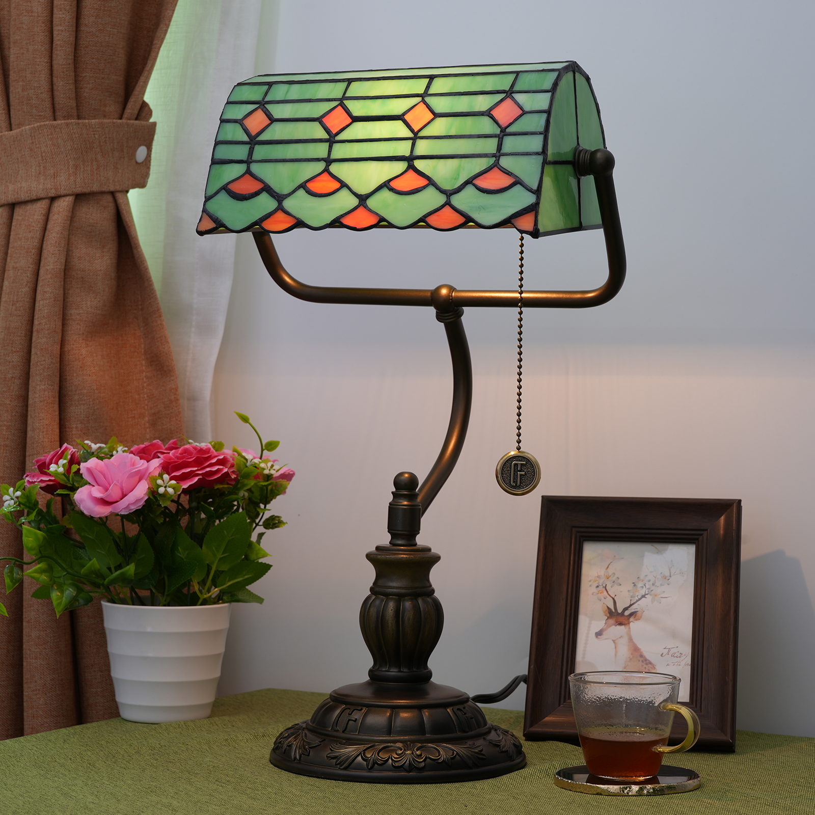 Blivuself Tiffany  Style Table Lamp Stained glass European, Vintage, Pastoral Green, Orange spots Bedroom headboard Study Zipper switch, adjustable, eye protection reading light Desk decor led Kitchen, Living Room Decoration  Aesthetic Antique Library Desk Work Light Green Bank light OFY1013