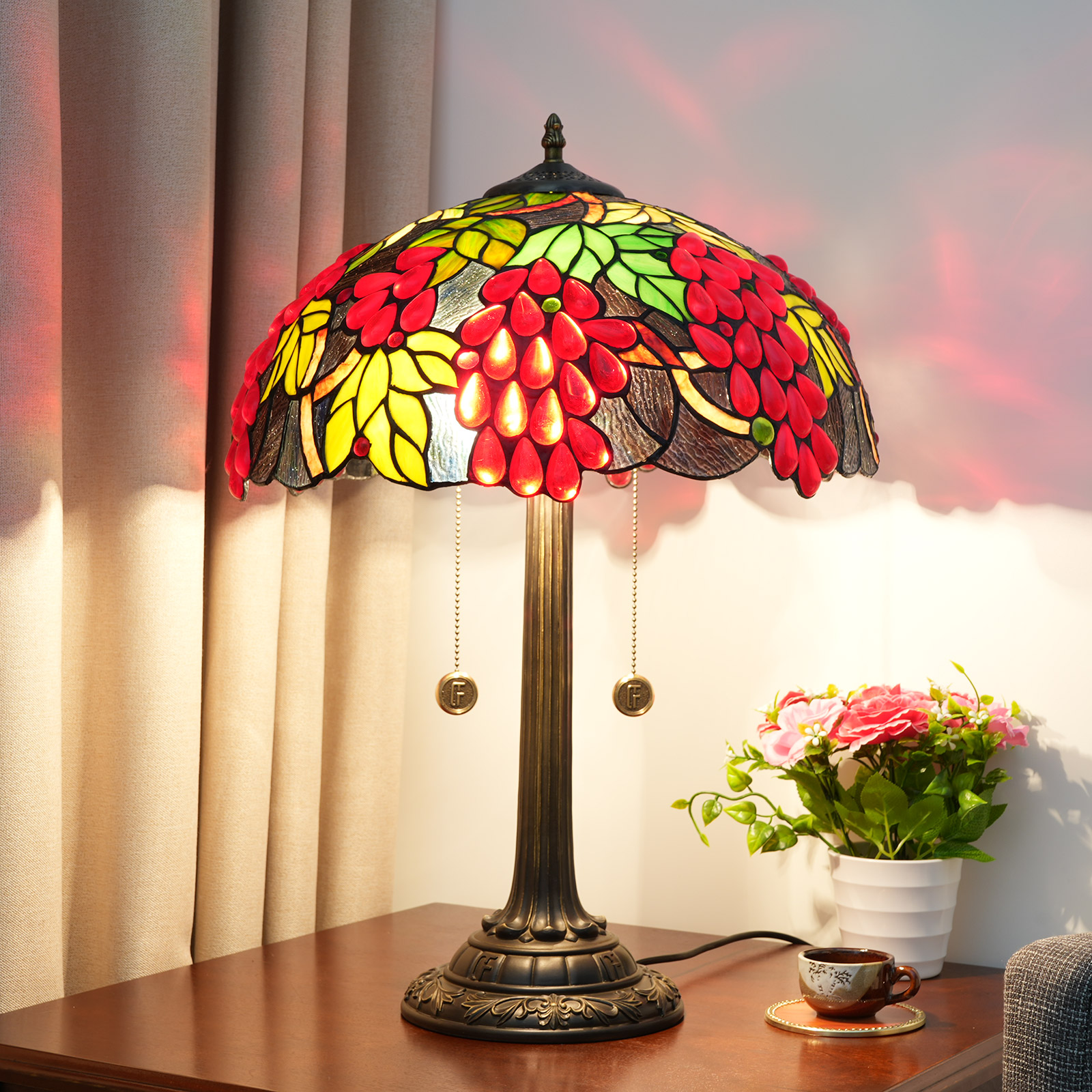 Blivuself Tiffanystained Glass Green Leaves, Red Beads Grapes Pastoral, European, Retro Style Desk Lamp 16x16x24 Inch Kitchen  Office Desk  Bedroom  Corridor Eye Protection Reading Lamp  Furniture Decoration Harvest Grape Table  Lamp Oft1194