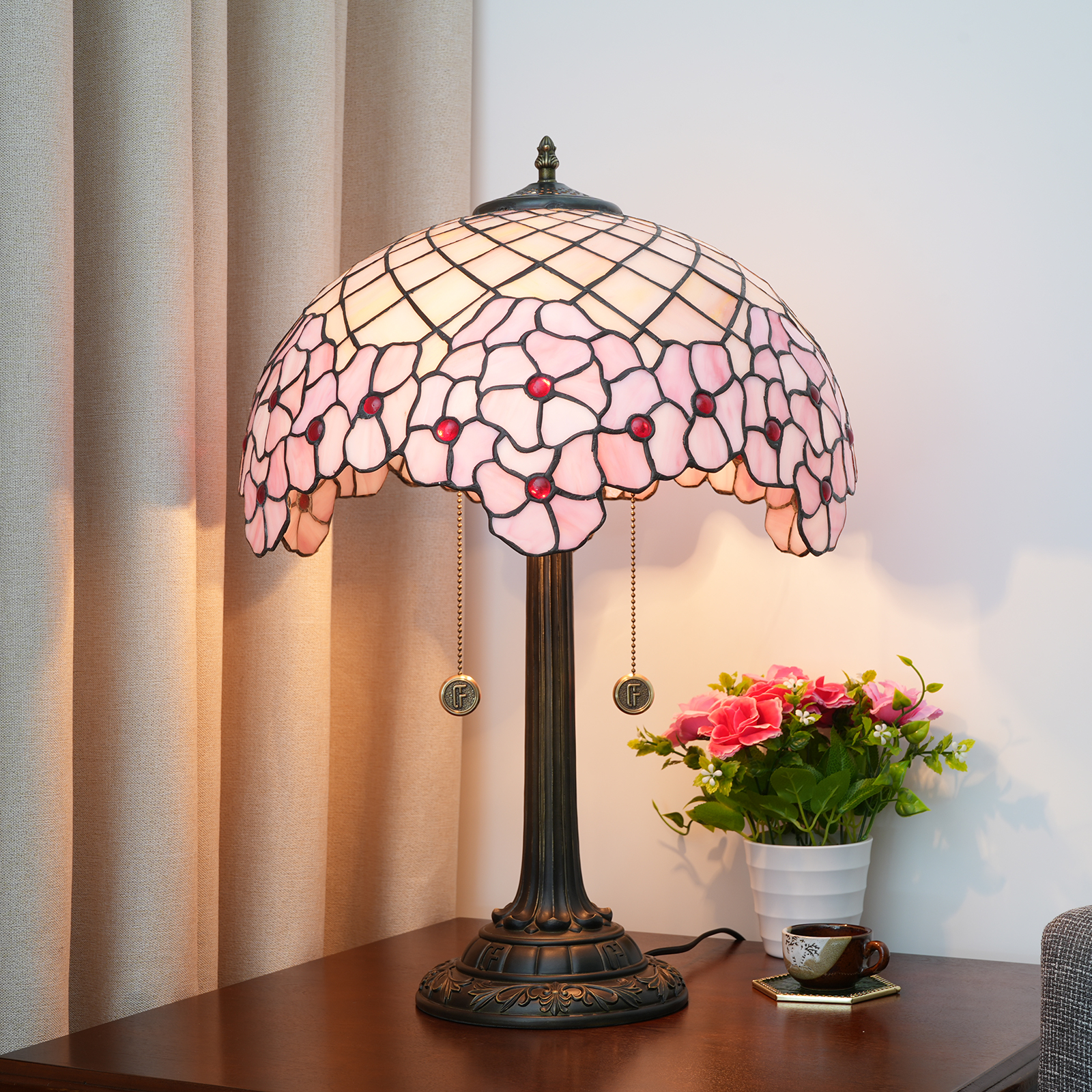 Blivuself Tiffanystained Glass Pink  Cherry Blossom  Romantic, Pastoral, European, Retro Style  Desk Lamp 16x16x24 Inch  Kitchen Office Desk  Bedroom Corridor  Eye Protection Reading Lamp Furniture Decoration Cherry Blossom Desk Lamp OFT1195