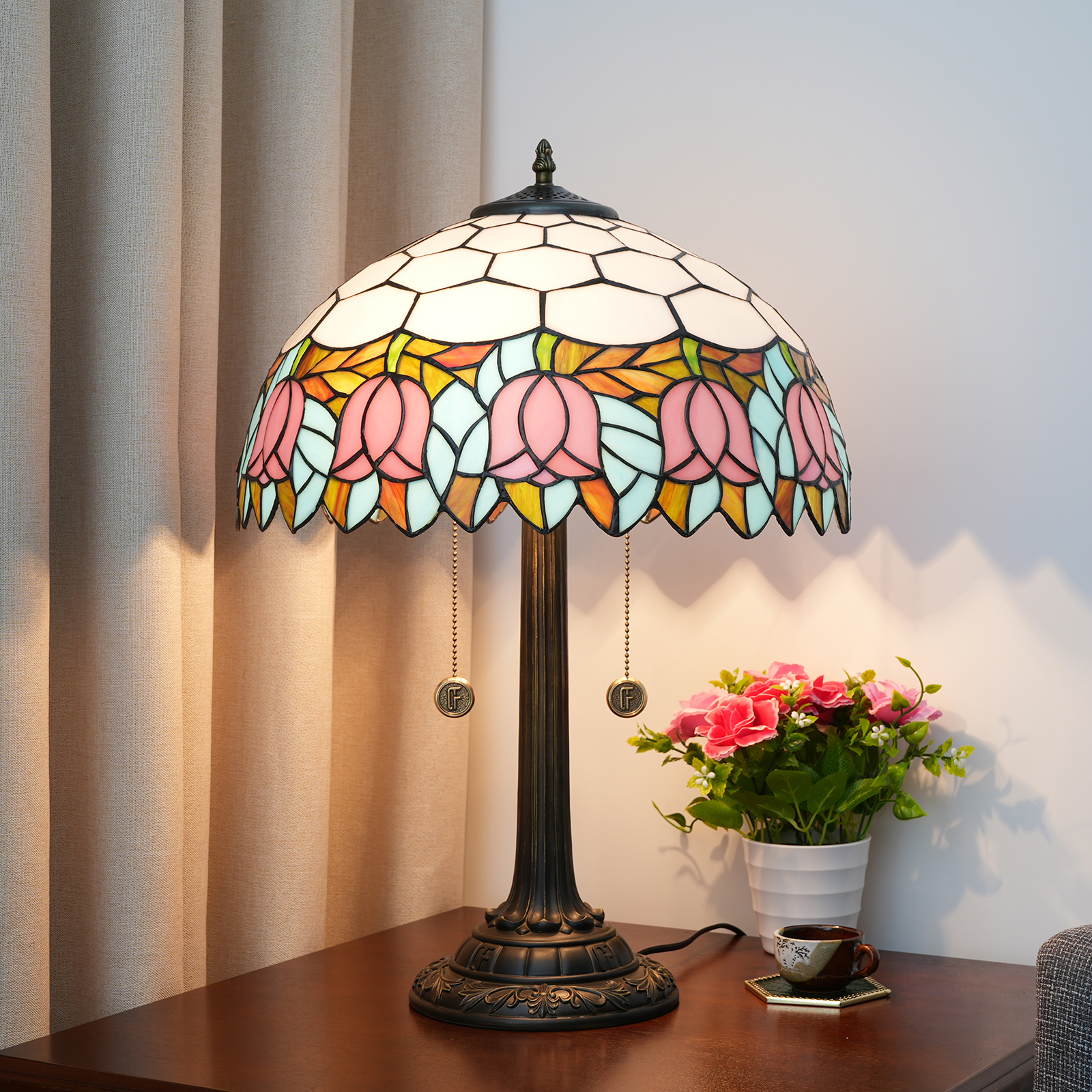 Blivuself Tiffanystained Glass Pink, White Tulip Pastoral, European, Retro Style Desk Lamp 16x16x24 Inch Kitchen Office Desk Bedroom Corridor  Eye Protection Reading Lamp Furniture Decoration Pink Tulip Desk Lamp Oft1198