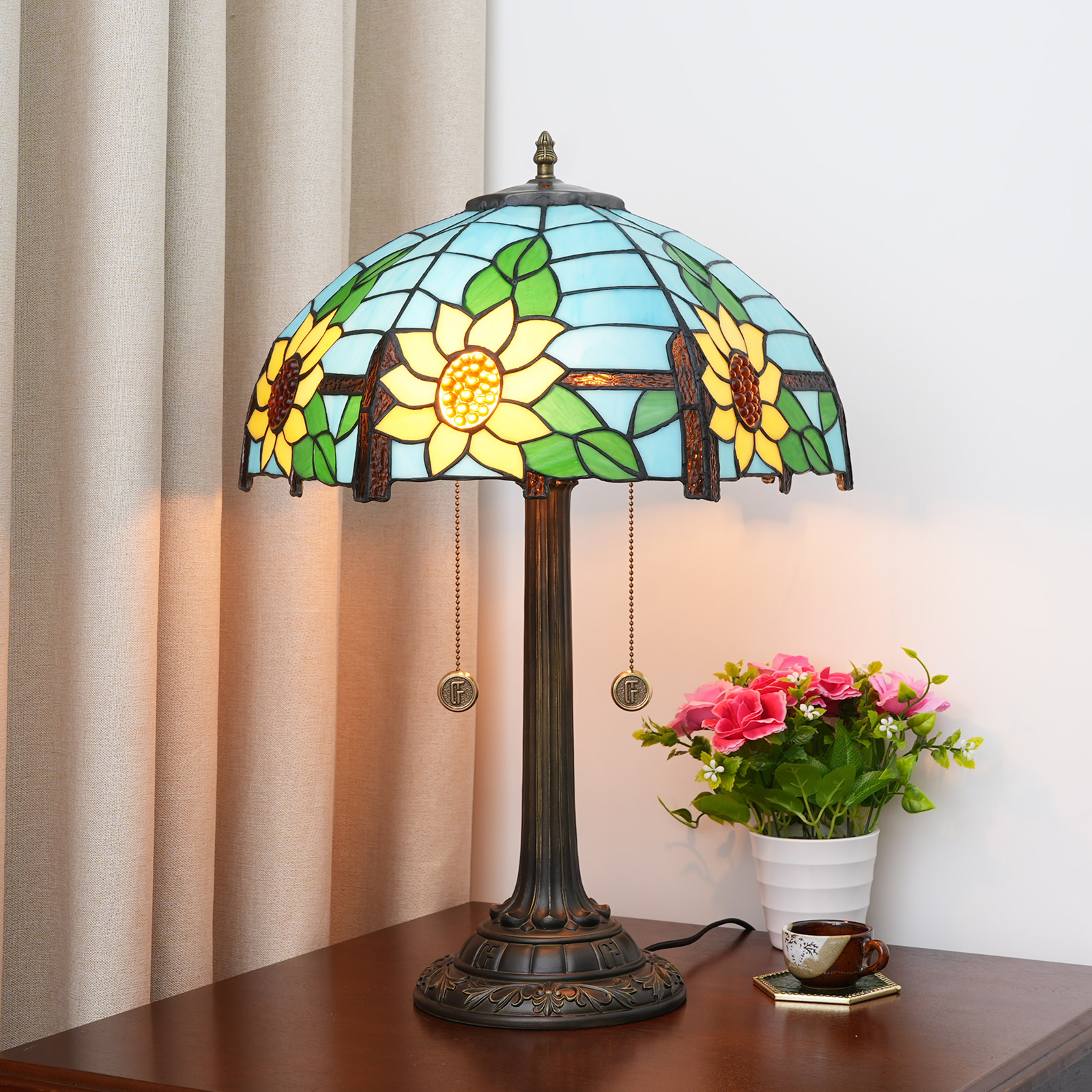 Blivuself Tiffany Stained Glass Sky Blue Sunflower Garden, European, Retro Style Desk Lamp 16x16x24 Inch Kitchen Office Desk Bedroom Corridor Eye Protection Reading Lamp  Furniture Decoration Blue Sunflower OFT1199