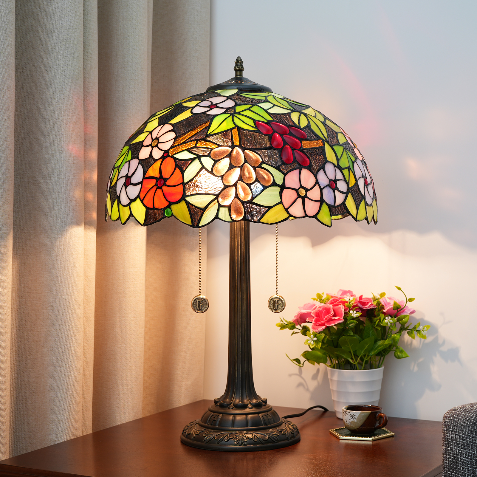 Blivuself Tiffany Stained Glassgreen Grape Flowerpastoral, European And American, Vintage Style Desk Lamp 16x16x24 Inch Kitchen Office Desk Bedroom Corridoreye Protection Reading Lamp Furniture Decoration Grape Flower Desk Lamp OFT1202