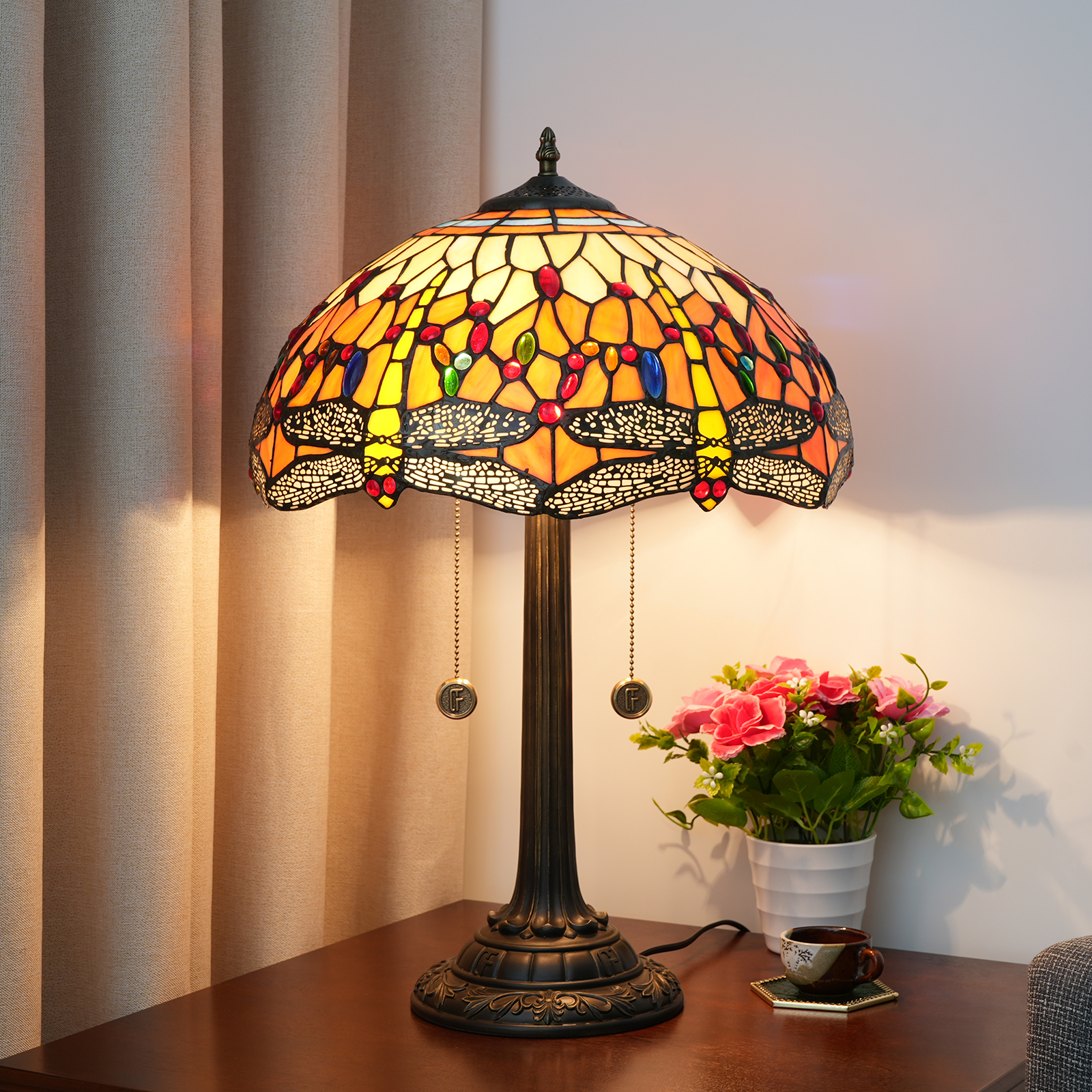 Blivuself Tiffany Stained Glass  Dragonfly With Orange Bottom Dragonfly Style  Garden, European, Vintage Desk Lamp 16x16x24 Inch  Kitchen  Office  Desk  Bedroom Corridor Eye Protection Reading Light Furniture Decoration Dragonfly With Orange Bottom OFT1204