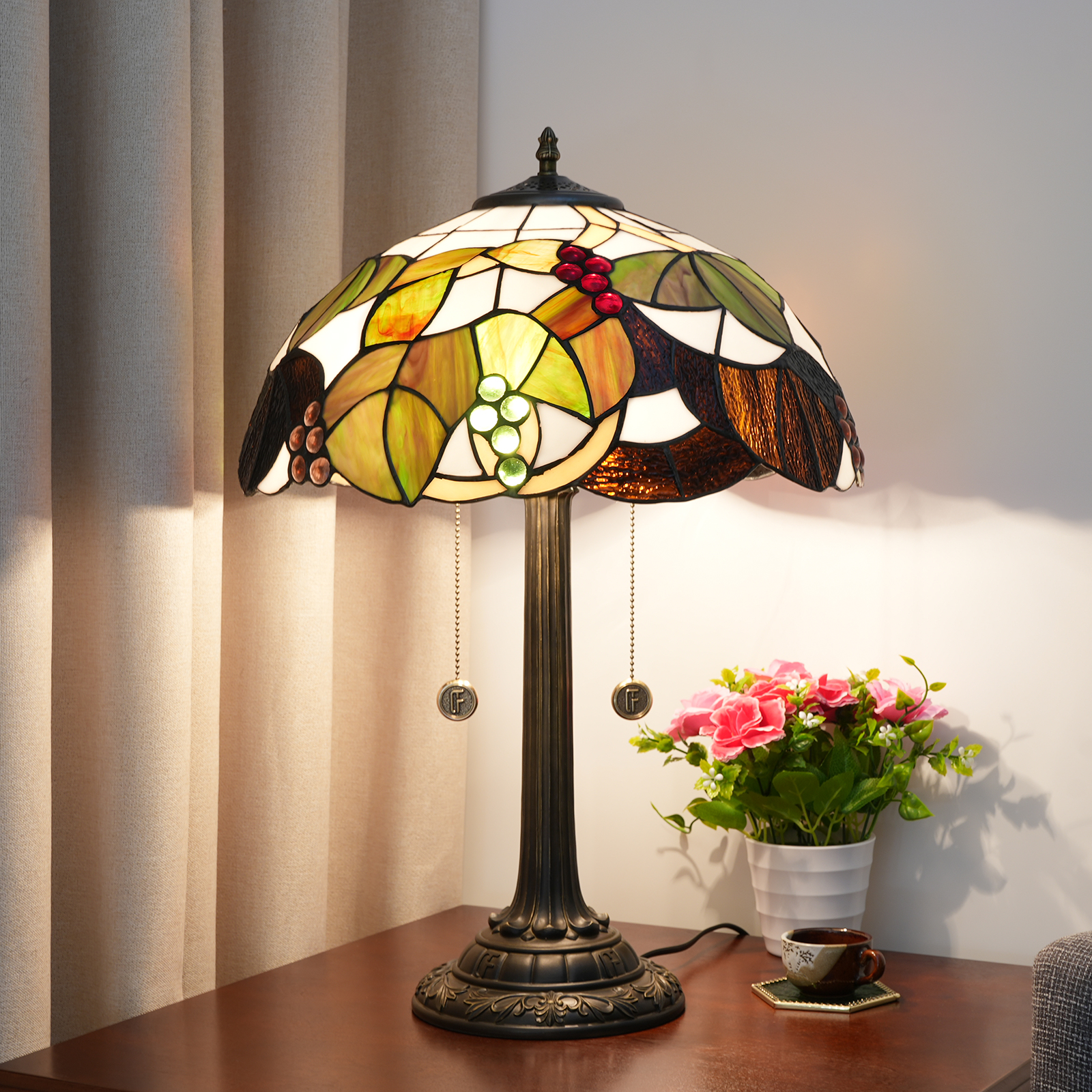 Blivuself Tiffanystained Glass Brown Tea Grapes Pastoral, European, Retro Style Desk Lamp 16x16x24 Inch Kitchen Office Desk Bedroom Hallway  Eye Protection Reading Lamp  Furniture Decorationtea Grapes OFT1206 