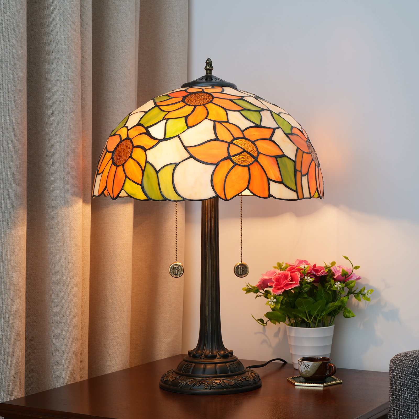 Blivuself Tiffanystained Glassorange Sunflower Table Lampgarden, European, Retro Style Table Lamp 16x16x24 Inchkitchen Office Deskbedroom Hallway Eye Protection Reading Lamp Furniture Decoration 16 Inch Sunflower OFT1207