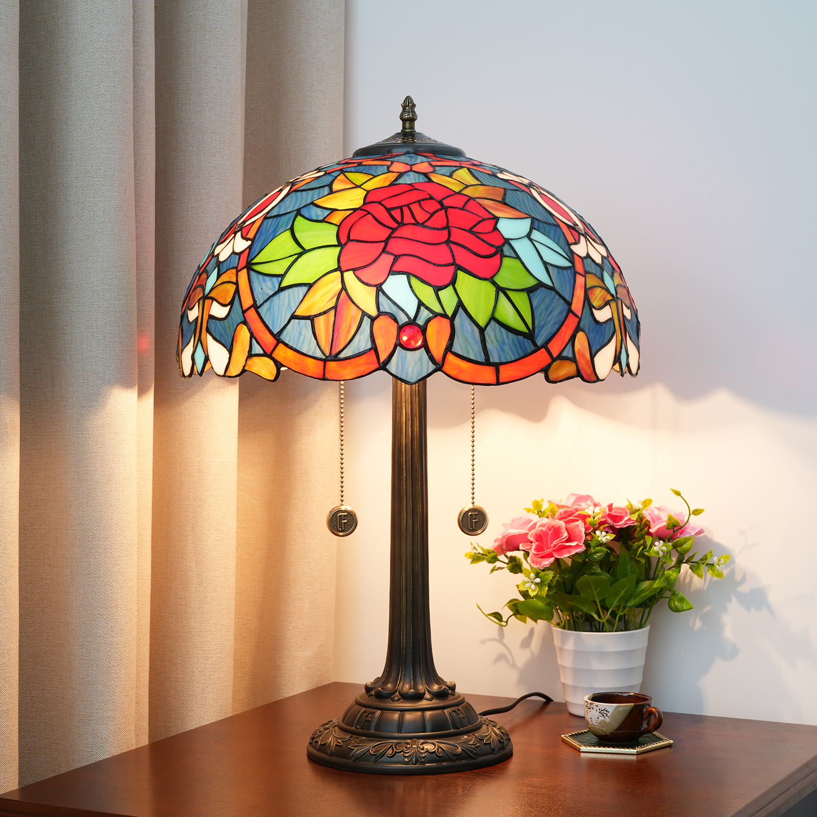 Blivuself Tiffanystained Glassred16 Inch Red Rose Desk Lamp Garden, European, Retro Style Desk Lamp 16x16x24 Inchkitchenoffice Deskbedroomcorridor Eye Protection Reading Lamp Furniture Decoration Red Rose OFT1208
