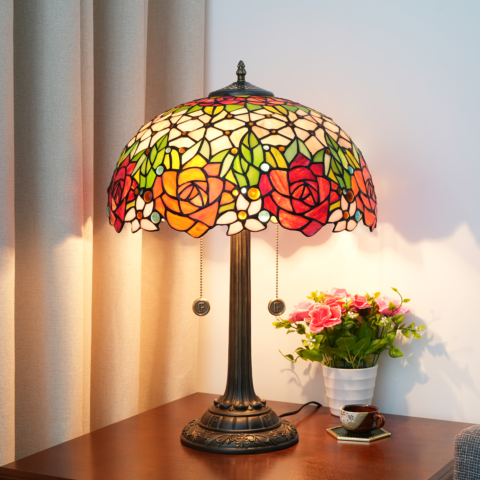 Blivuself Tiffany Stained Glass Red, Beige Rose Pastoral, European, Retro Style Desk Lamp 16x16x24 Inch Kitchen Office Desk Bedroomcorridor  Eye Protection Reading Lamp Furniture Decoration Gorgeous Rose OFT1209