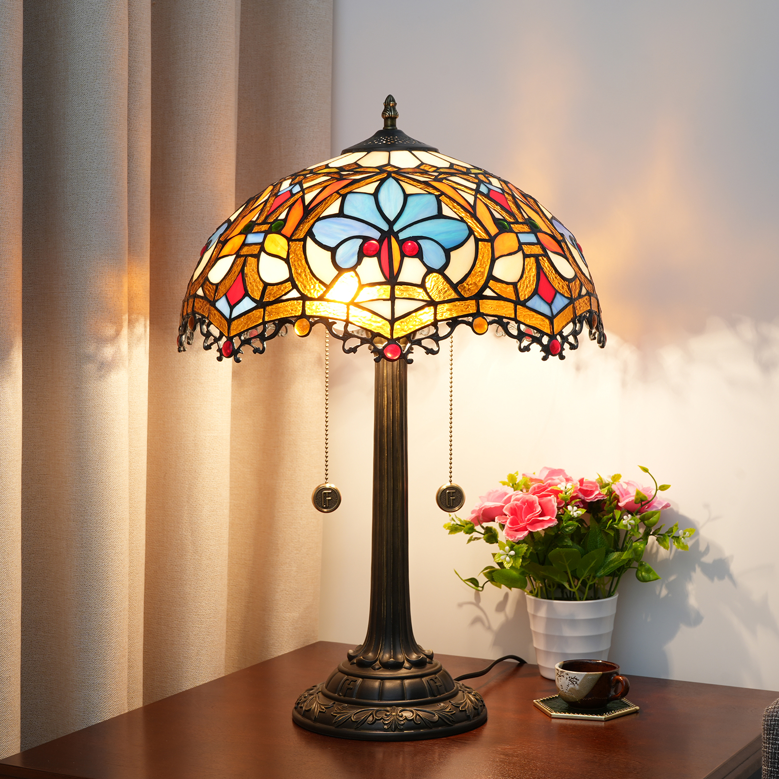 Blivuself Tiffanystained Glass Dark Brown, Blue Love Beads Country, European, Vintage Style Light 16x16x24 Inch Kitchen Office Deskbedroom Hallway Eye Protection Reading Lightfurniture Decoration Love Beads Dragon Tail Table Lamp OFT1212