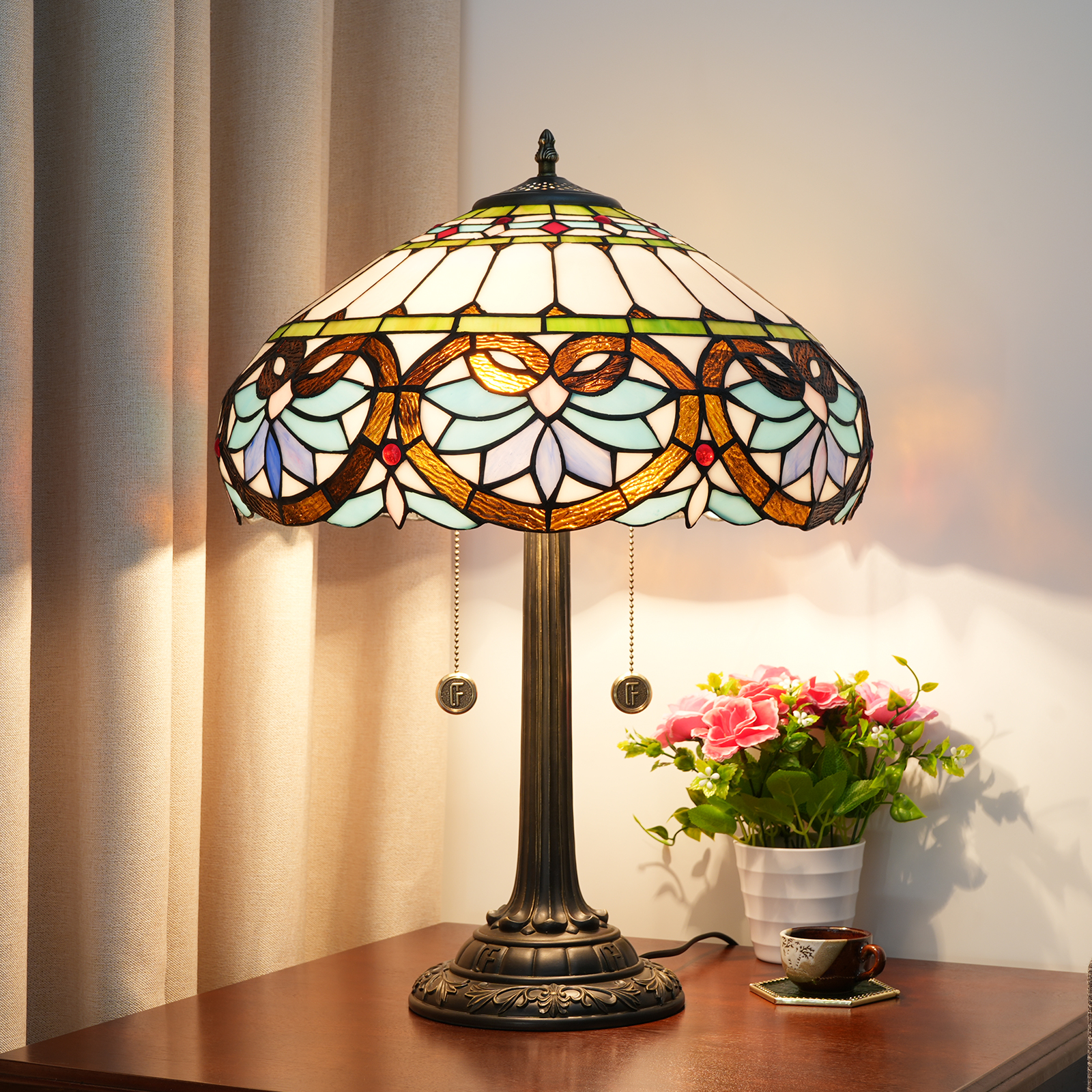 Blivuself Tiffany- Stained Glasswhite, Blue Heart Country, European, Vintage Style Light 16x16x24 Inch Table Lamp  Kitchen Office Deskbedroom  Hallway Eye Protection Reading Light Furniture Decoration Blue Love Heart  OFT1214