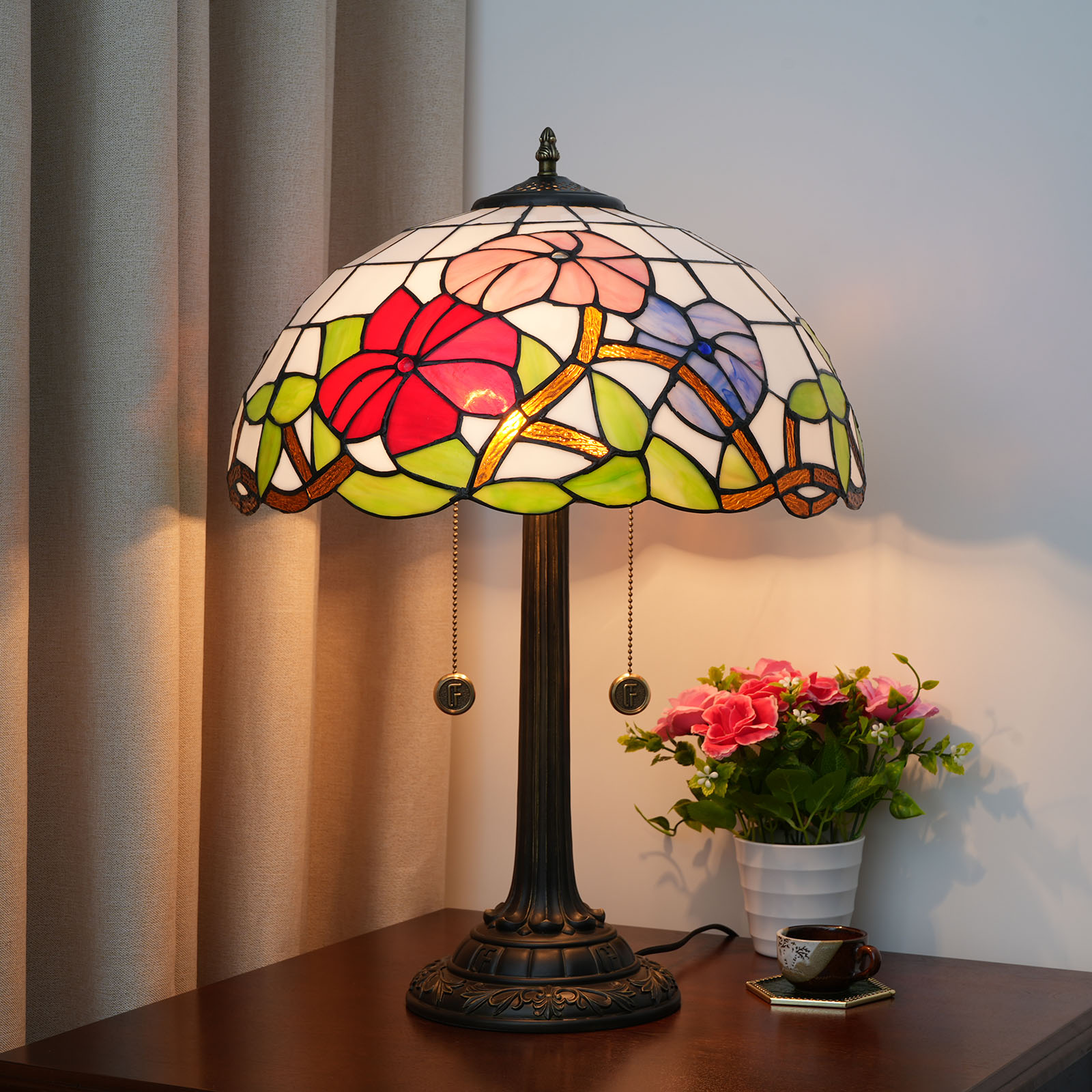 Blivuself Tiffany Style Stained Glass Will Be Three Colors Of Morning Glory Sealed In The Glass, Echo The Eternal Beauty Of Aesthetics, Retro Romance Into Daily Life, Suitable For Restaurants, Bedrooms, Bars, Etc. 16 Inch Morning Glory Table Lamp OFT1215