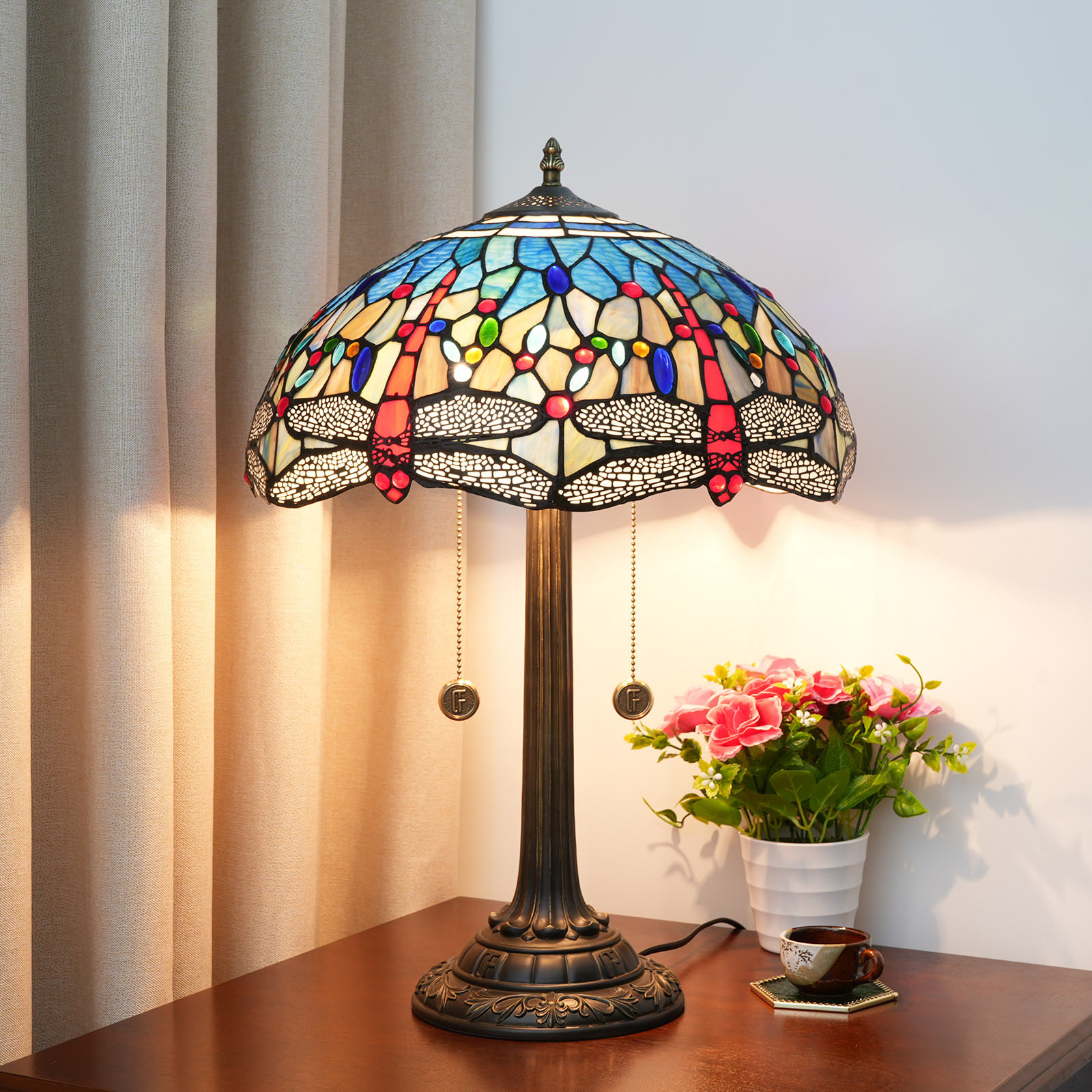 Blivuself Tiffany  Stained Glass Blue  Dragonfly Style Country, European, Vintage Style Light 16x16x24 Inch Kitchen Office Desk Bedroom Corridor Eye Protection Reading Light Furniture Decorationblue Dragonfly Table Lamp OFT1216
