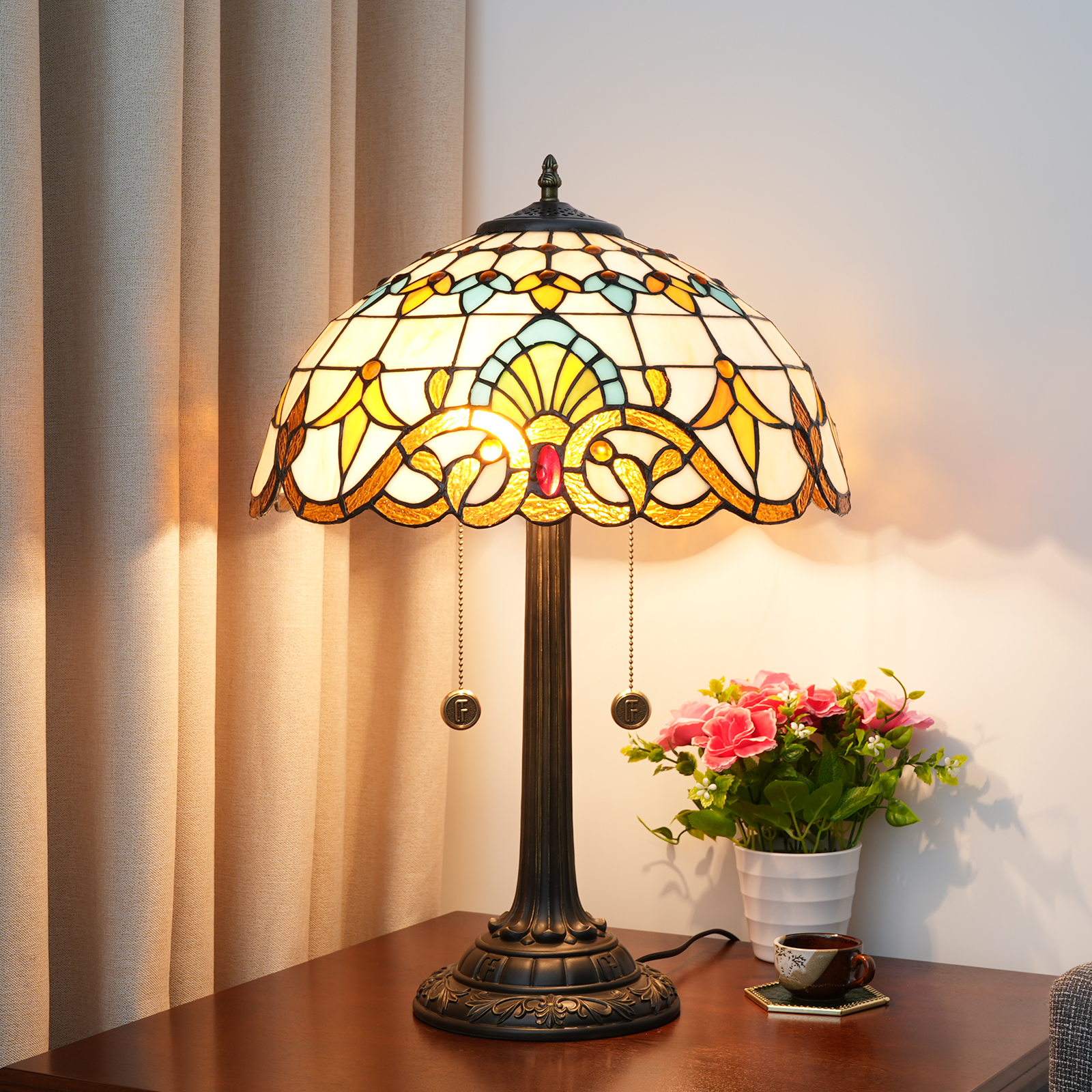 Blivuself Tiffany  Stained Glass Warm Yellow Baroque  Country, European, Vintage Style Light 16x16x24 Inch Kitchen Office Desk Bedroom Corridor  Eye Protection Reading Light Furniture Decoration Baroque Table lamp OFT1218