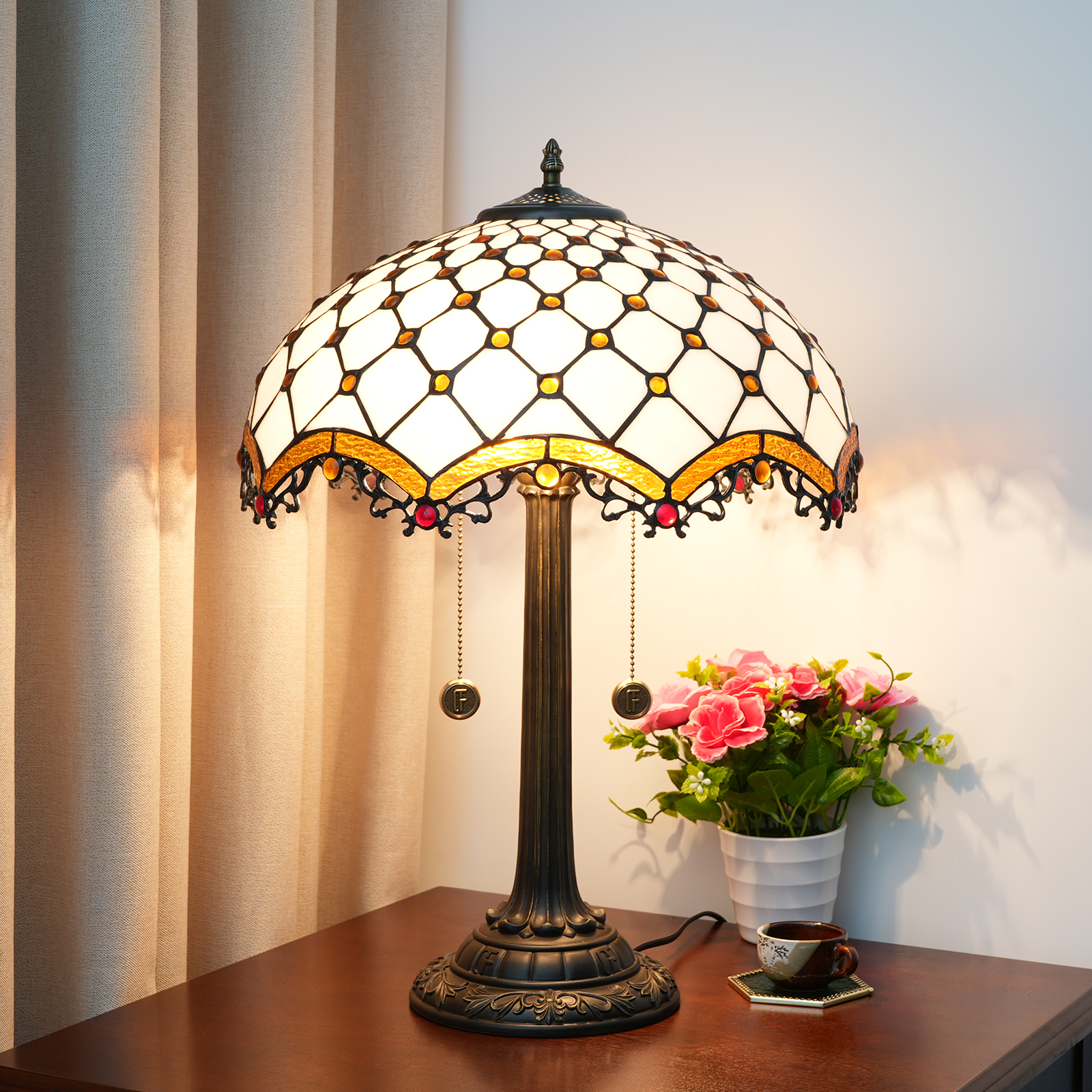 Blivuself TiffanyStained Glass White Brown Beads Country, European, Vintage Style Light 16x16x24 Inch Table Lamp Kitchen Office Desk Bedroom Hallway Eye Protection Reading Light Furniture Decoration Brown Crossed Beads Table Lamp  OFT1223