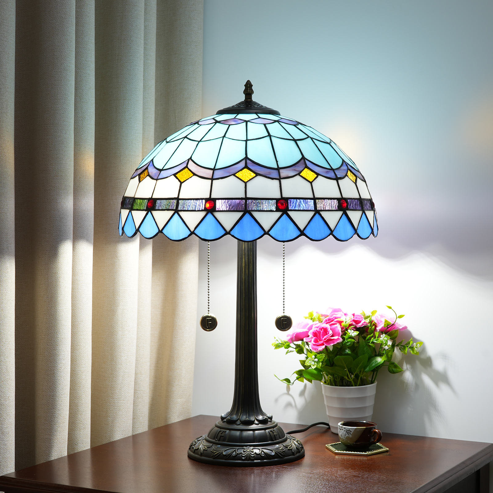 Blivuself Tiffany Stained Glass Blue Romantic Feather Rustic, European, Vintage Style Light 16x16x24 Inch Table Lamp  Kitchen Office Desk Bedroom Corridor Eye Protection Reading Light  Furniture Decoration Mediterranean Feather Table Lamp  OFT1225