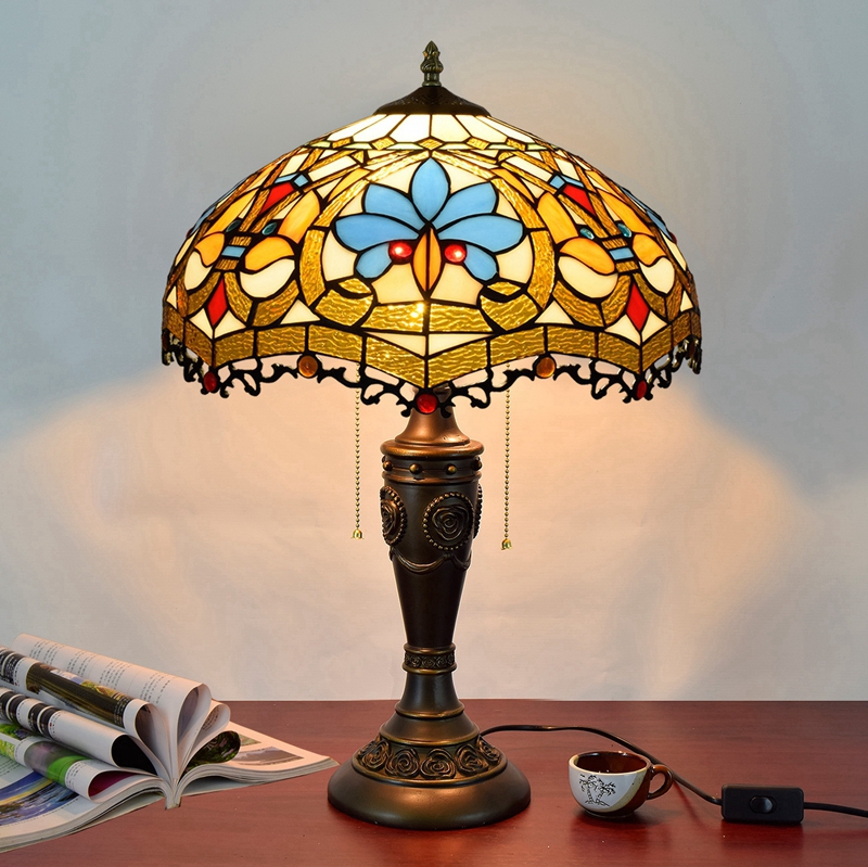 Blivuself Tiffany stained Glass Dark Brown, Blue Love Beads Rose Logo Base Country, European, Vintage Style 16x16x24 Inches Table Lamp Kitchen Study  Desk Bedroom Corridor Eye Protection Reading Light Furniture Decoration Love Beads  Dragon Tail Table Lamp OFT885