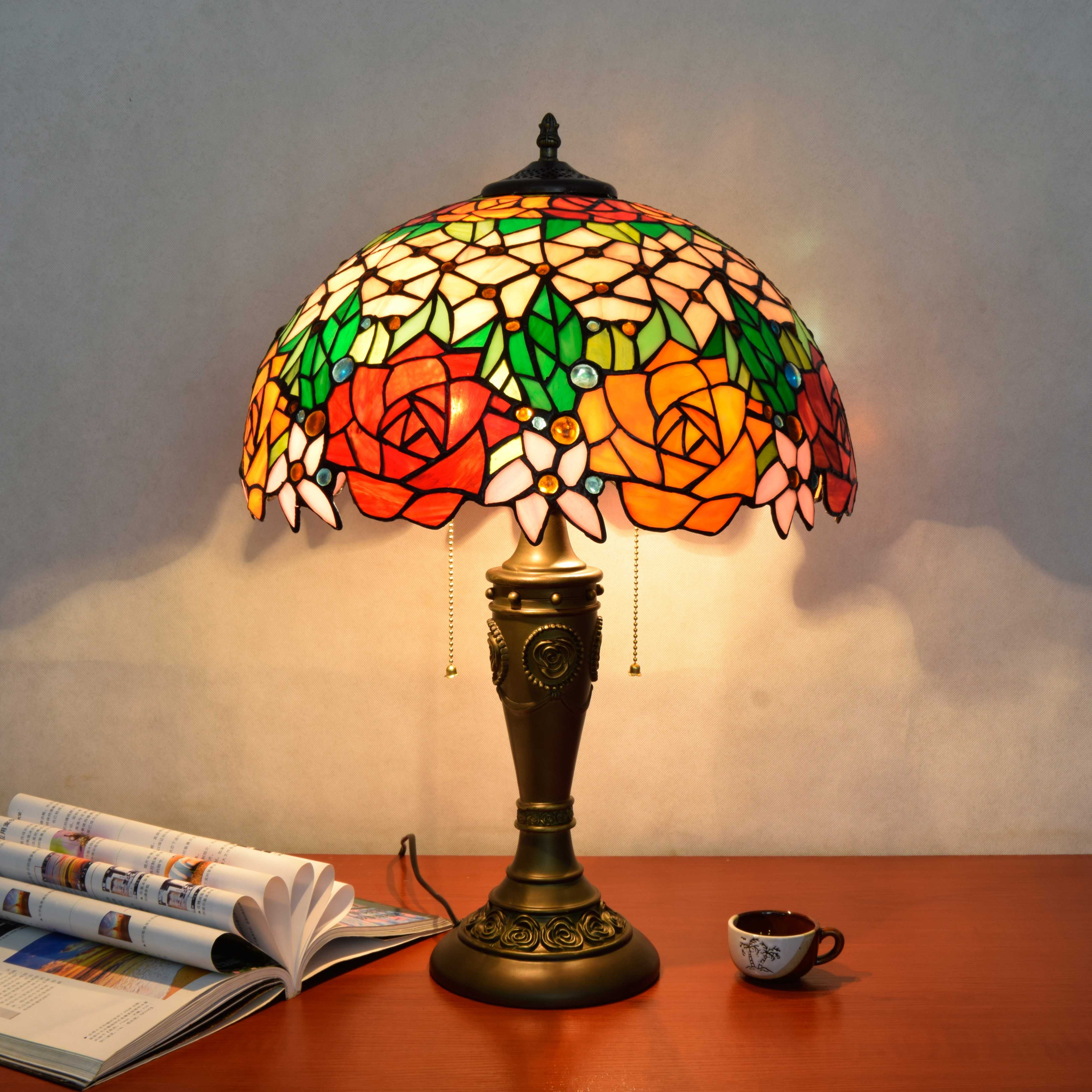 Blivuself Tiffany Stained Glass Red, Beige Rose Rose Logo Base Pastoral, European, Vintage Style Table Lamp 16x16x24 Inch Table Lamp  Kitchen  Study Desk Bedroom Corridor  Eye Protection Reading Light  Furniture Decoration Gorgeous Rose Lamp OFT888
