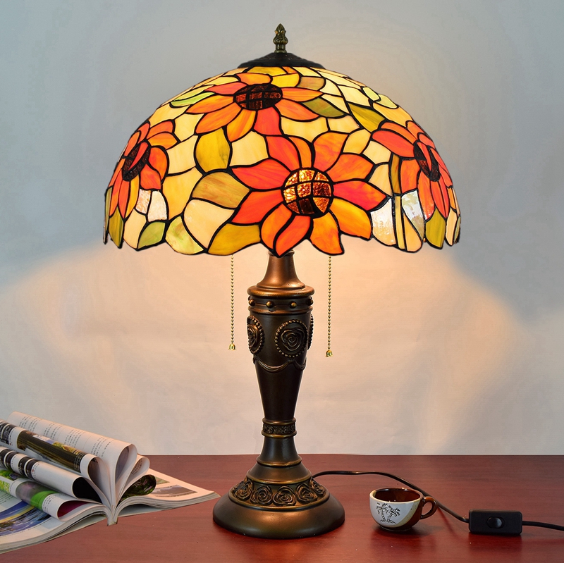 Blivuself Tiffanystained Glass Orange  Sunflower Table Lamp Rose Base  Pastoral, European, Vintage Style Table Lamp 16x16x24 Inch Table Lamp Kitchen Office Desk  Bedroom  Hallway Eye Protection Reading Light  Furniture Decoration 16inch Lamp  Sunflower OFT891