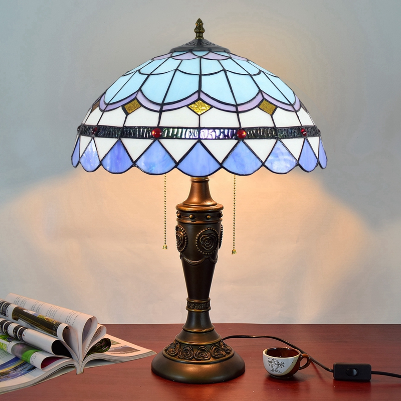 Blivuself Tiffany Stained Glass Blue Romantic Feather Rose Logo Base Rustic, European, Vintage Style Light 16x16x24 Inch Table Lamp   Kitchen Office Desk  Bedroom Corridor Eye Protection Reading Light Furniture Decoration Mediterranean  Feather Lamp  OFT893