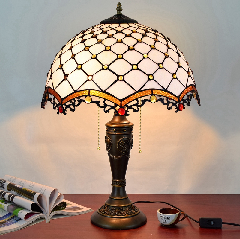 Blivuself Tiffany Stained Glass White Brown Beads Rose Logo Base Country, European, Vintage Style Light 16x16x24 Inch Table Lamp  Kitchen Office  Desk  Bedroom Hallway  Eye Protection Reading Light Furniture Decoration16 Inch Brown Cross Beads Lamp OFT896