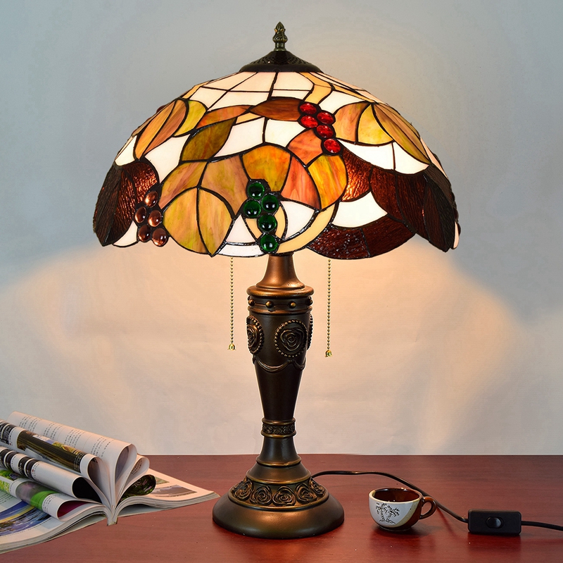 Blivuself Tiffany stained Glass Brown Tea Grapes Rose Logo Base Pastoral, European, Vintage Style Table Lamp 16x16x24 Inch Table Lamp  Kitchen Office Desk Bedroom Corridor  Eye Protection Reading Lightfurniture Decoration 16 Inch Tea Grape Lamp OFT897