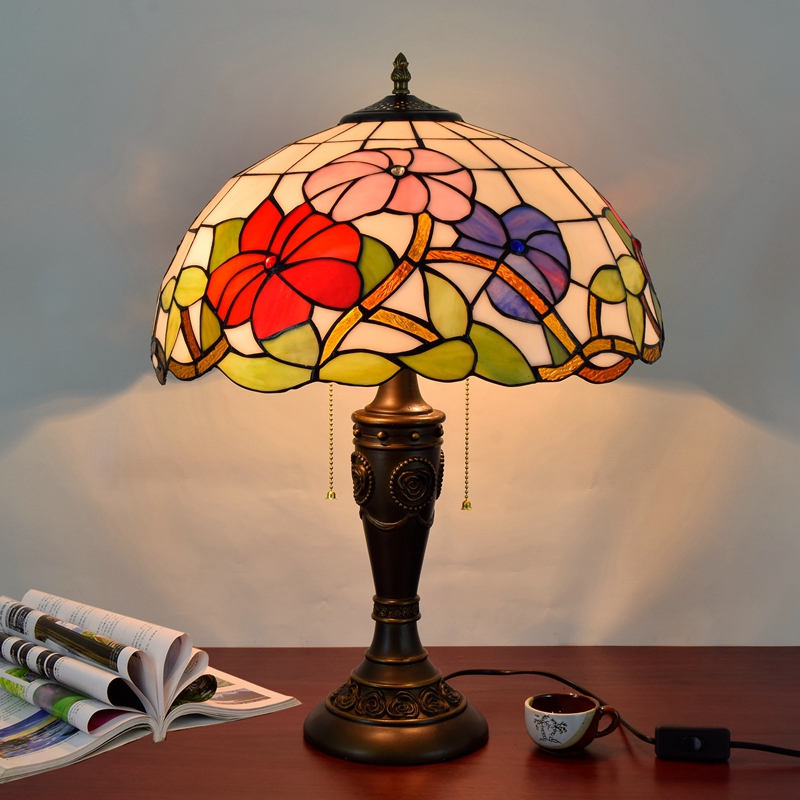 Blivuself  Tiffany Stained Glass White, Pink, Purple Morning Glory Rose Sign Base  Country, European, Vintage Style Light 16x16x24 Inch Table Lamp Kitchen Office Desk Bedroom Corridor Eye Protection Reading Light Furniture Decoration Tricolor Flower  Morning Glory Lamp OFT925