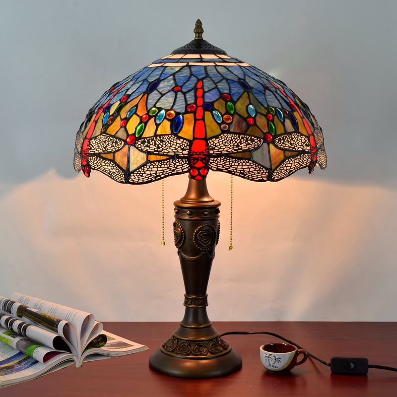 Blivuself Tiffany Stained Glass Blue Dragonfly Style Rose Logo Base Country, European, Vintage Style Light 16x16x24 Inch Table Lamp Kitchen Office Desk  Bedroom  Corridor  Eye Protection Reading Light  Furniture Decoration 16 Inch Blue Dragonfly Lamp OFT899