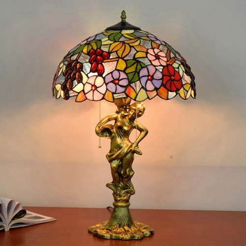 Blivuself Tiffany Stained Glass Green Grape Flower Aluminum Base Pastoral, European, Retro Style Light 16x16x24 Inch Table Lamp Kitchen  Office Desk Bedroom  Corridor  Eye Protection Reading Light  Furniture Decoration 16 Inch Grape Flower Light Lamp OFT929