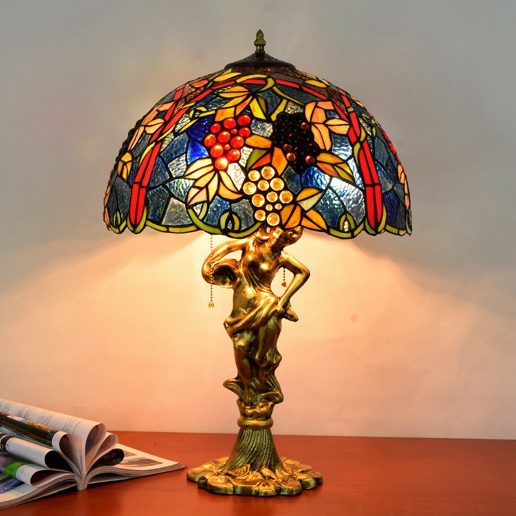 Blivuself Tiffany Stained Glass 17 Inch Grape Pastoral Style Aluminum Base European And American Country Retro Style Lamp 17x17x24 Inch Lamp Kitchen Office Desk Bedroom Corridor Eye Protection Reading Light Cafe Restaurant Bar Decoration Furniture Decoration 17 Inch Grape Fruit Lamp OFT934