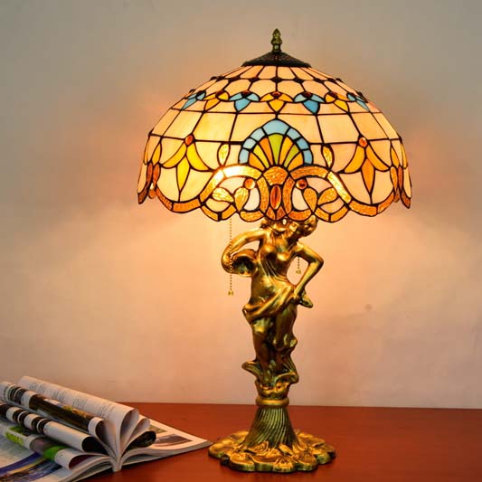 Blivuself Tiffany Colored Glass 16 Inch Yellow Aluminum Alloy Base European And American Country Retro Style Lamp 16x16x24 Inch Lamp Kitchen Office Desk Bedroom Corridor Eye Protection Reading Lamp Cafe Restaurant Bar Decoration Furniture Decoration 16 Inch Baroque Lamp OFT935