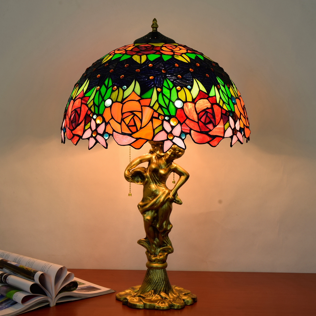 Blivuself Tiffany Stained Glass Rose Pastoral Style Aluminum Alloy Base European And American Country Retro Style Table Lamp 16x16x24 Inch Table Lamp Kitchen Office Desk Bedroom Corridor Eye Protection Reading Light Cafe Restaurant Bar Decoration Furniture Decoration 16 Inch Black Rose Table Lamp OFT938