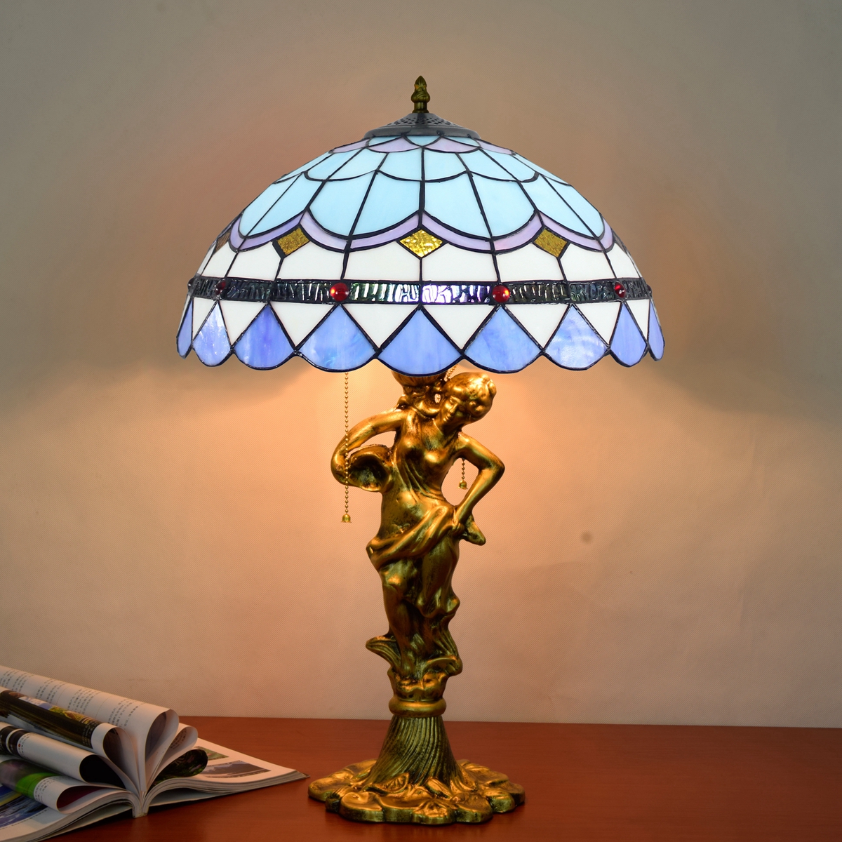 Blivuself Tiffany Colored Glass Sky Blue Aluminum Alloy Base Romantic Feather Table Lamp European And American Country Retro Style Table Lamp 16x16x24 Inch Kitchen Office Desk Bedroom Corridor Eye Protection Reading Light Cafe Restaurant Bar Decorative Furniture Decorated 16 Inch Mediterranean Feather Table Lamp OFT942