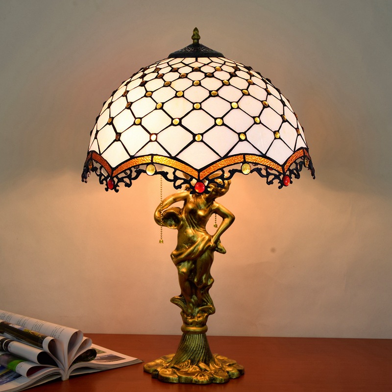 Blivuself Tiffany Stained Glass White Brown Beads Aluminum Alloy Base European And American Court Retro Style Table Lamp 16x16x24 Inch Table Lamp Kitchen Office Desk Bedroom Corridor Eye Protection Reading Light Cafe Restaurant Bar Decoration Furniture Decoration 16 Inch Brown Cross Bead Table Lamp OFT945