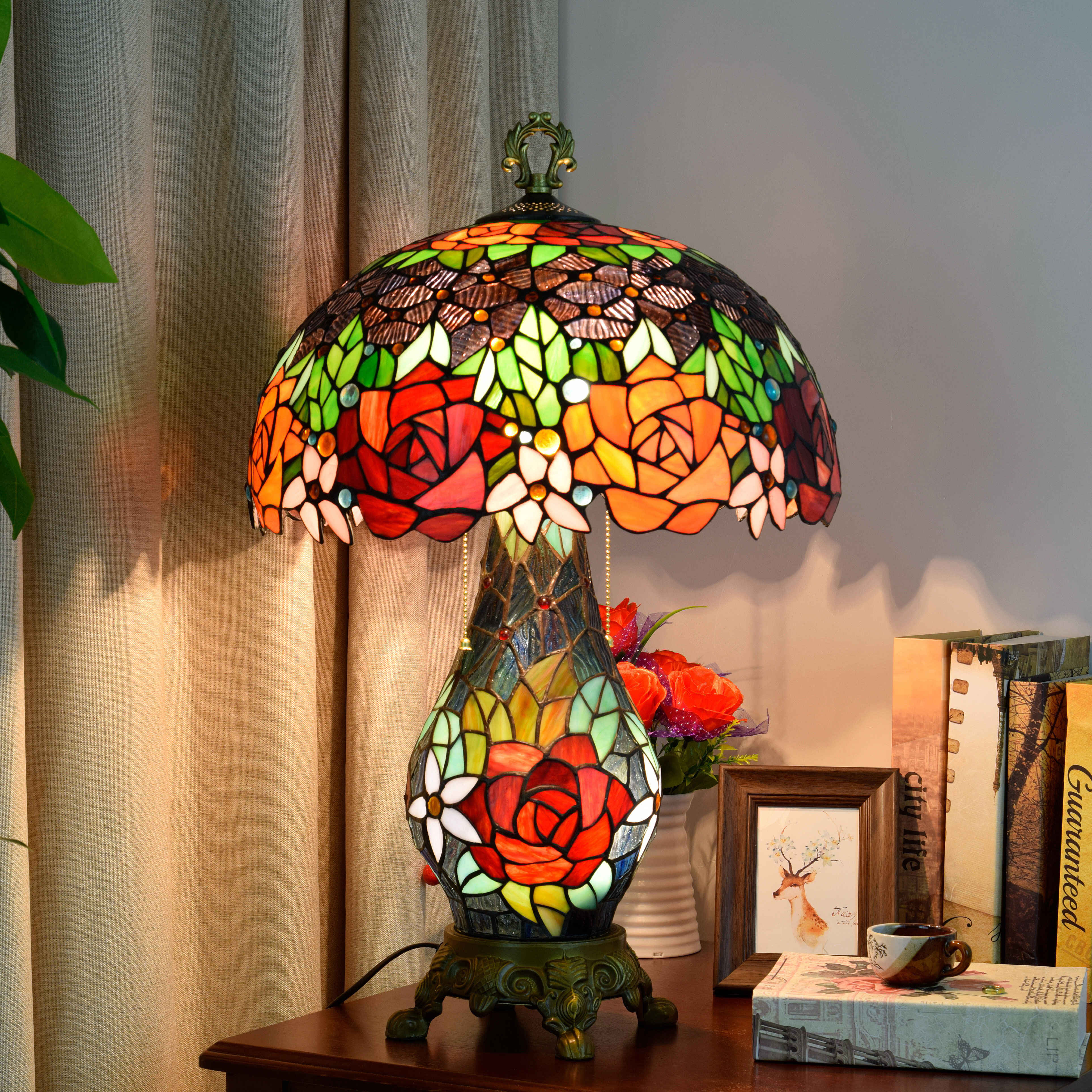 Blivuself Tiffany Stained Glass Deep Purple Aluminum Alloy Base European And American Court Retro Style Rose Garden Style Table Lamp 16 Inch Up Sub-Mother Table Lamp Office Desk Bedroom Corridor Cafe Restaurant Bar Decorative Furniture Decorated 16 Inch Black Rose Table Lamp OFT947