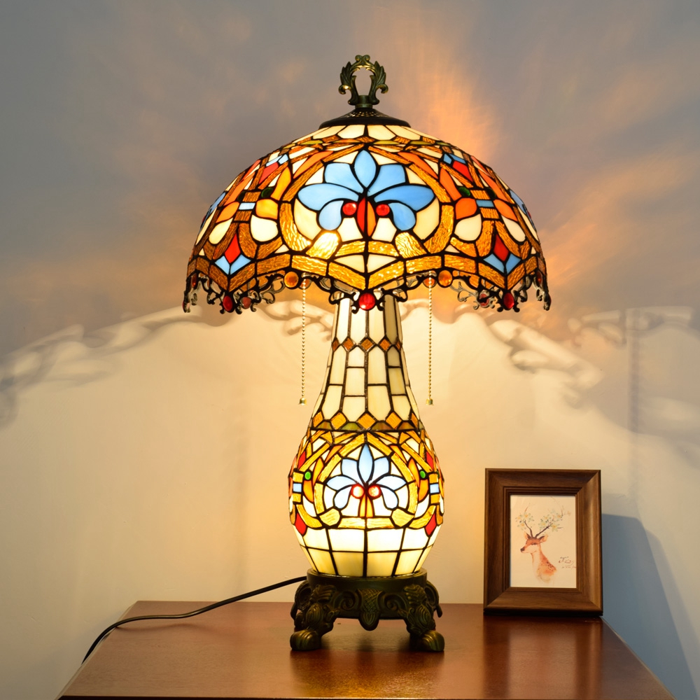 Blivuself Tiffany Stained Glass Blue Brown Aluminum Alloy Base European And American Court Vintage Style Table Lamp 16 Inches On The Sub-Mother Table Lamp Office Desk Bedroom Corridor Cafe Restaurant Bar Decorative Furniture Decorated 16 Inches Love Beads Dragon Tail Table Lamp OFT952